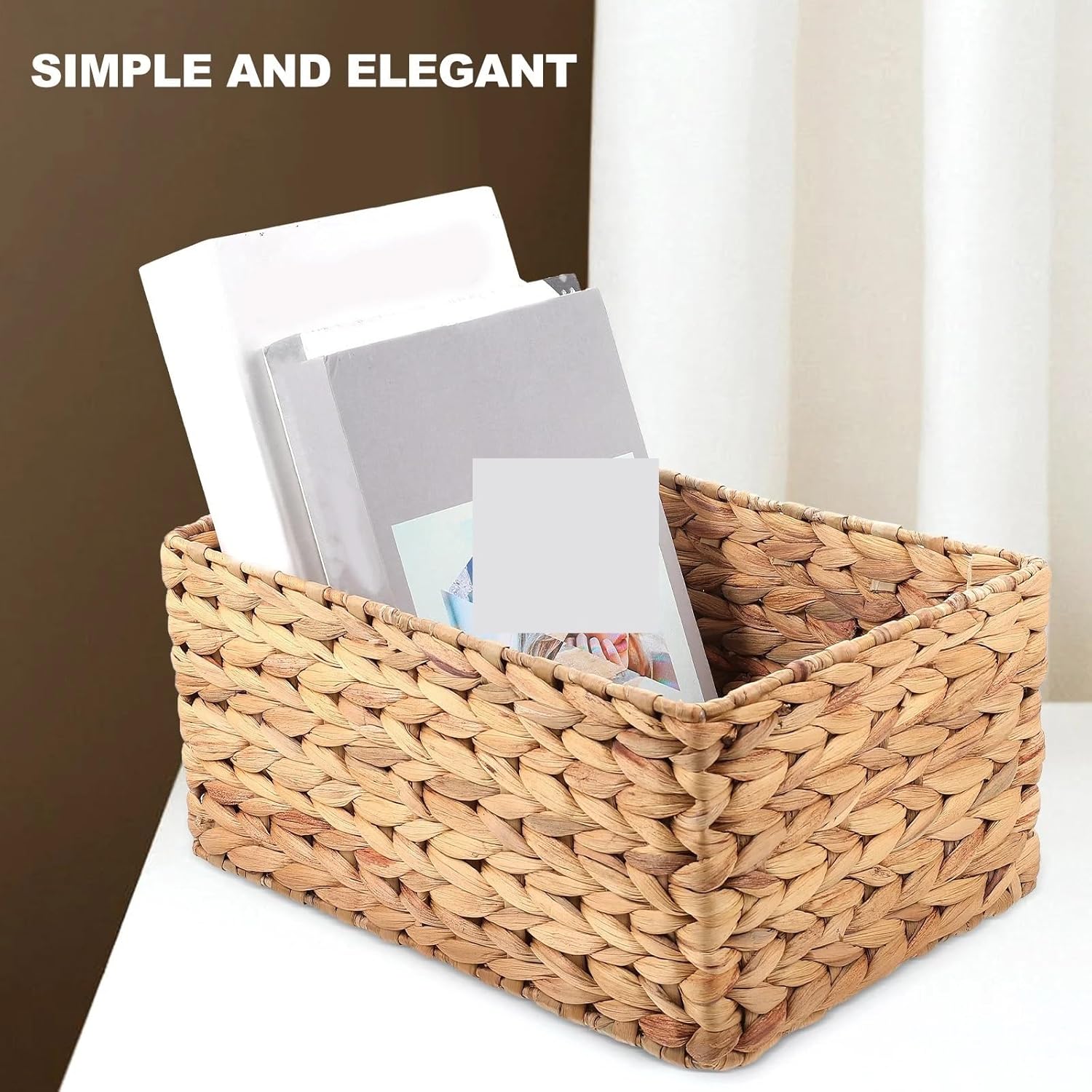 Handwoven Natural Straw Wicker Storage Baskets Hyacinth Rattan Decorative Rectangular Bins For Clothes Books