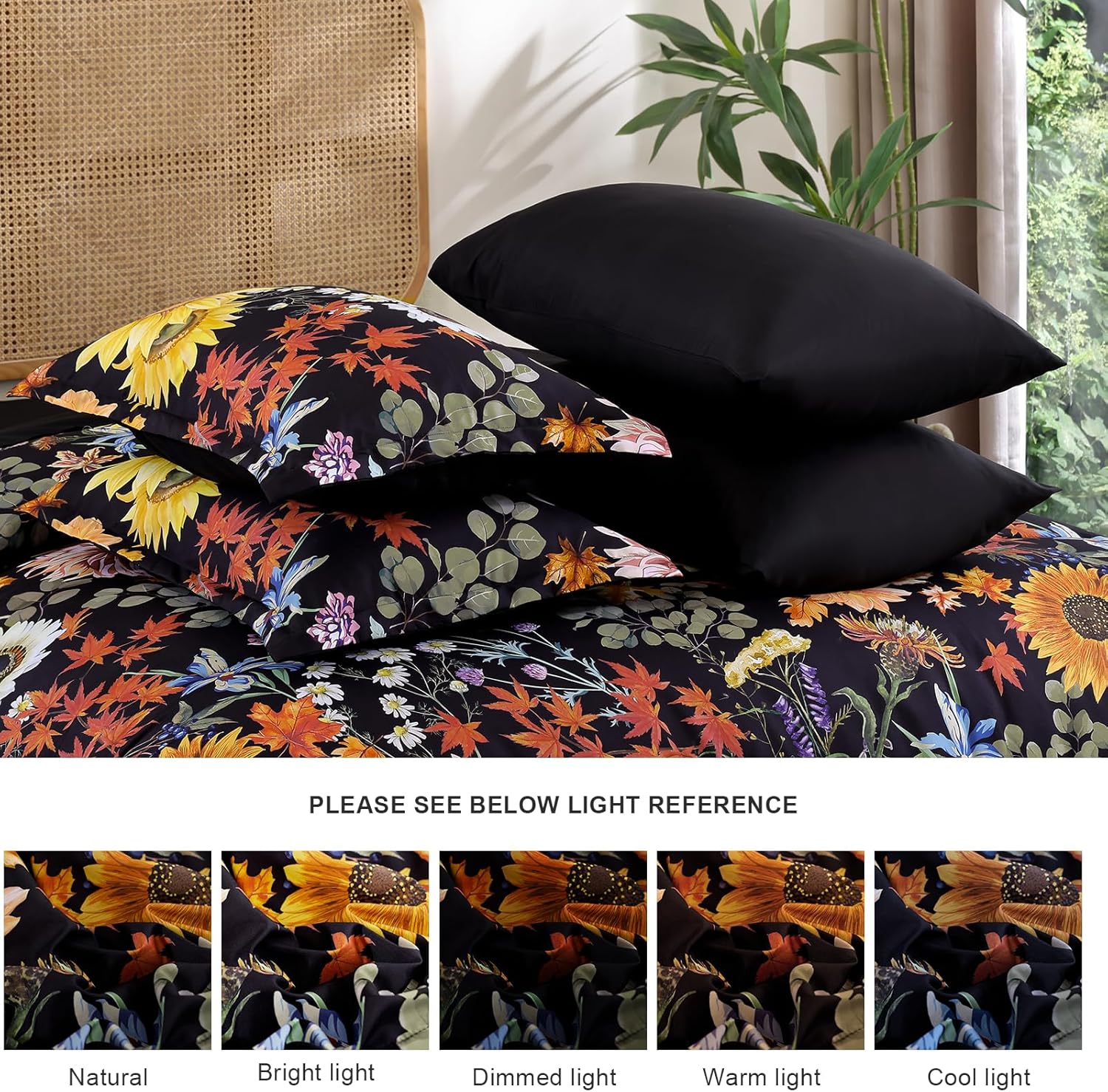 Yiran Bed in a Bag King Black Yellow Comforter Set 7 Pieces Soft Microfiber Sunflower Floral Bedding Set with 1 Comforter 1 Flat Sheet 1 Fitted Sheet 2 Pillowshams 2 Pillowcases