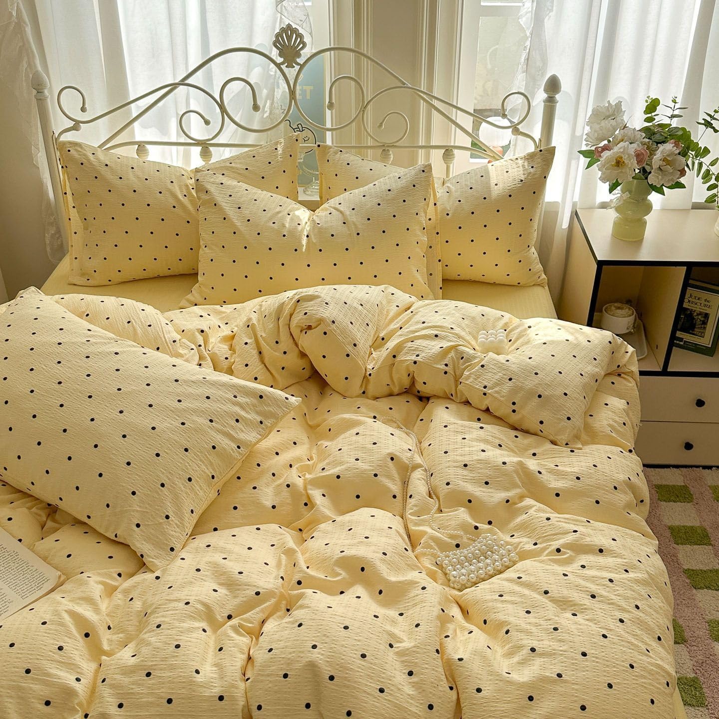 Light Yellow Polka Dot Duvet Cover Set Full Size - Soft Crinkled Chic Bedding with Pillowcases