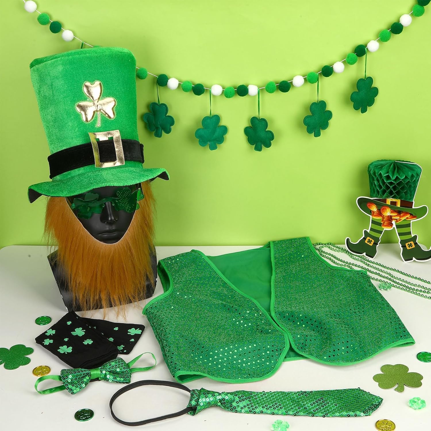 7PCS St Patrick's Day Leprechaun Costume, St. Patrick's Day Outfit Accessories Hat Beard Bow Tie Vest Socks Sunglasses Irish Shamrock Accessories for Adult Men Women Green - Image 4