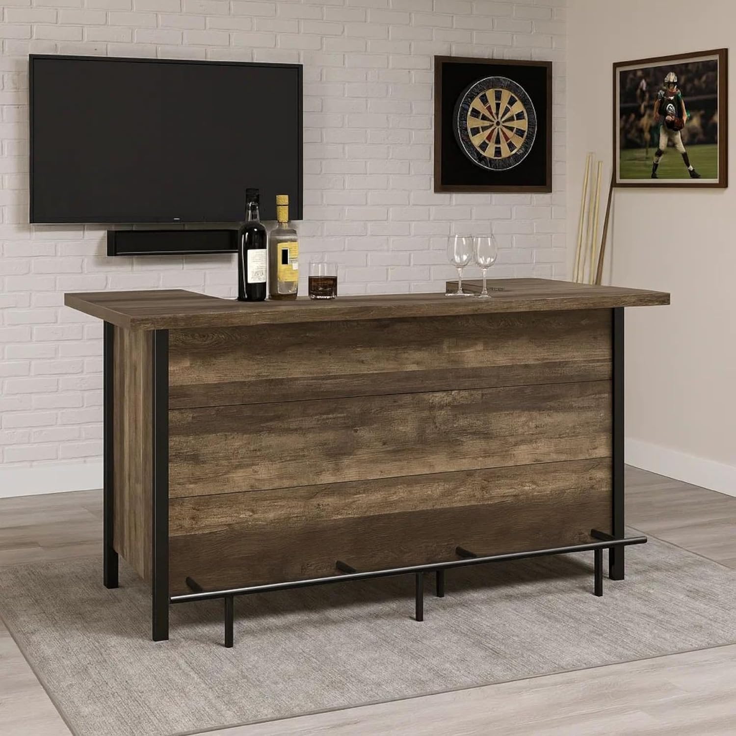 Interior view of the Benzara Home Bar Serving Unit showing shelves and wine bottle storage.