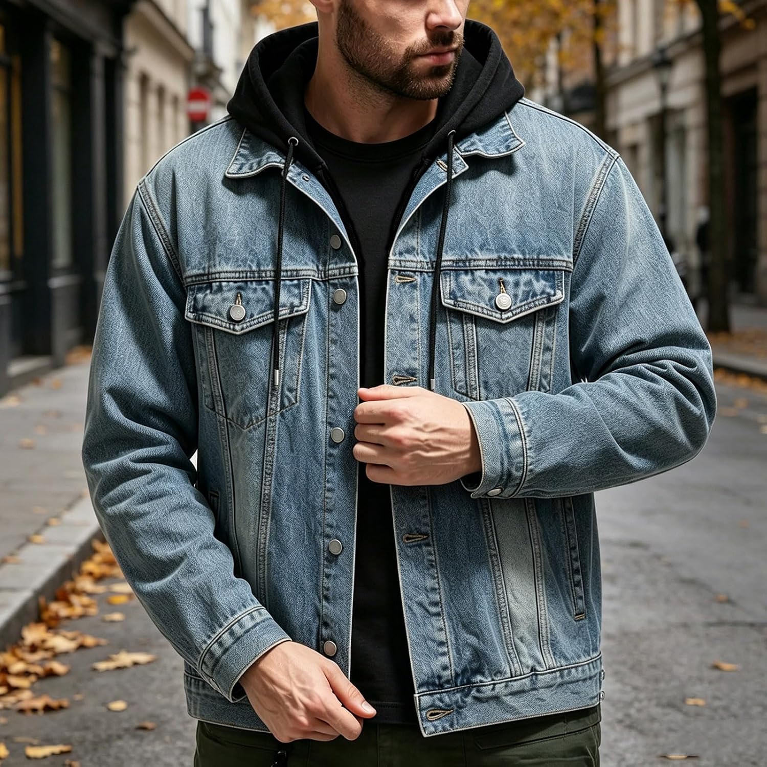 Men Hooded Denim Jacket Long Sleeve Button Front Loose Fit Coat Fall Winter Casual Street Outerwear with Pockets