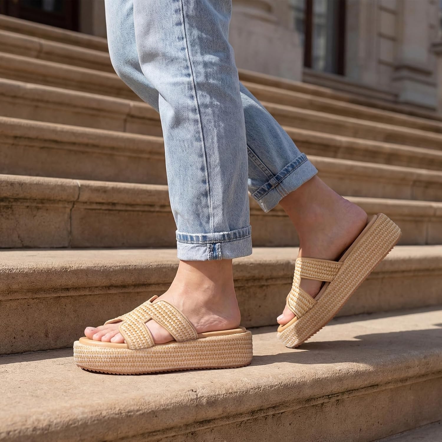 Monrovia Raffia Platform Sandals for Women Slip-On Espadrille Wedges Slides, Flatform Woven Straw Summer Vacation Beach Shoes thumbnail