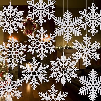 12 Pack 12" Large Glitter Hanging Snowflake Decorations, White