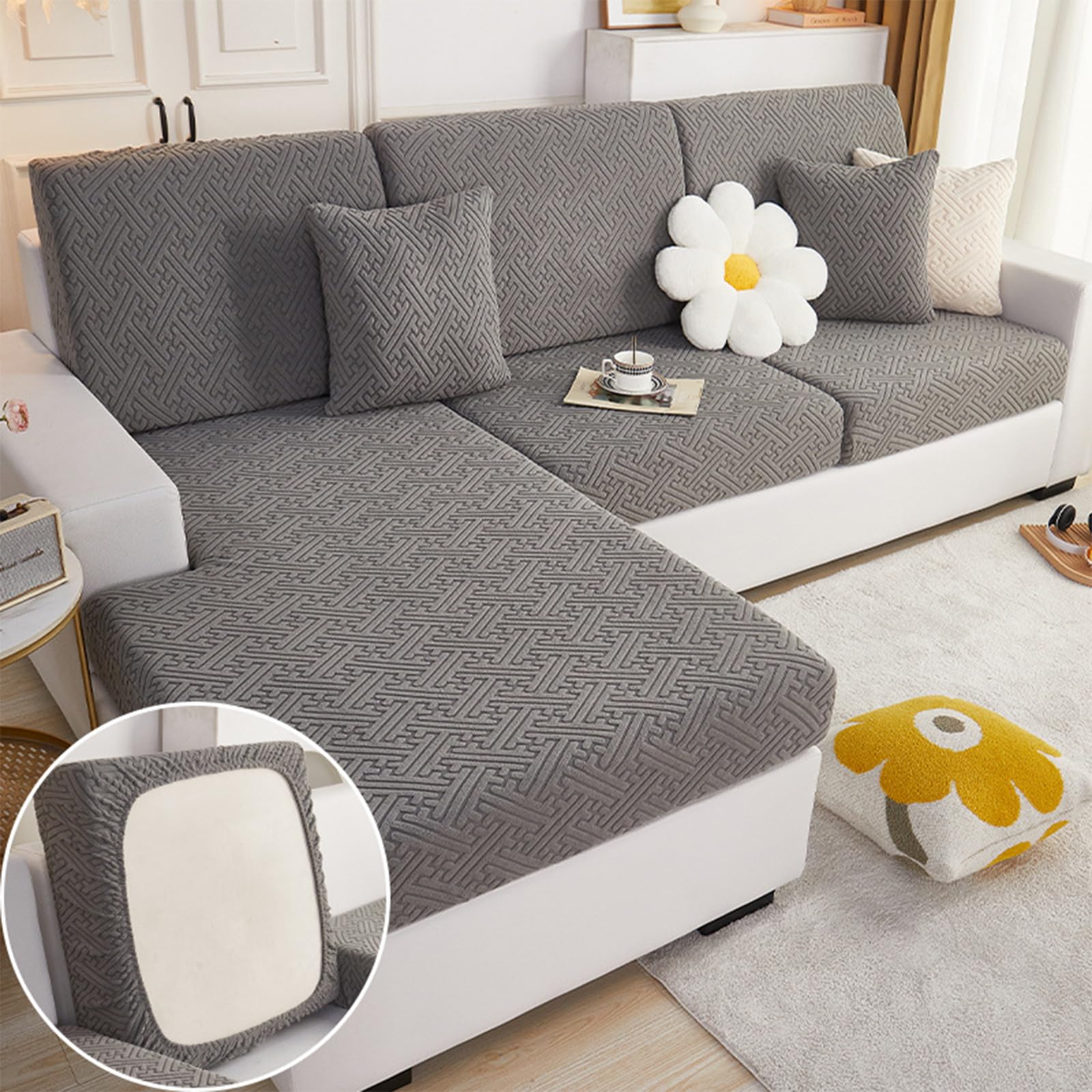 L Shape Sofa Cover, Stretch Sofa Cover, Corner Sofa Cover of High-Density Jacquard Velvet, Wear-Resistant Waterproof Elastic Sofa Cover Combination（Leaf Stripes）（Dark Gray, Large Single Seat Cover）