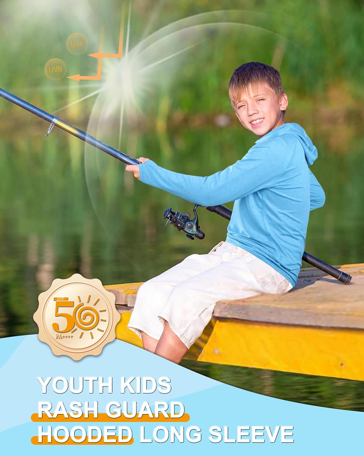 Roadbox Boys Rash Guard Hooded Fishing Shirt, Kids UPF 50+ Long Sleeve Sun Hoodie, Youth UV Protection Beach Swim Shirts - Image 3