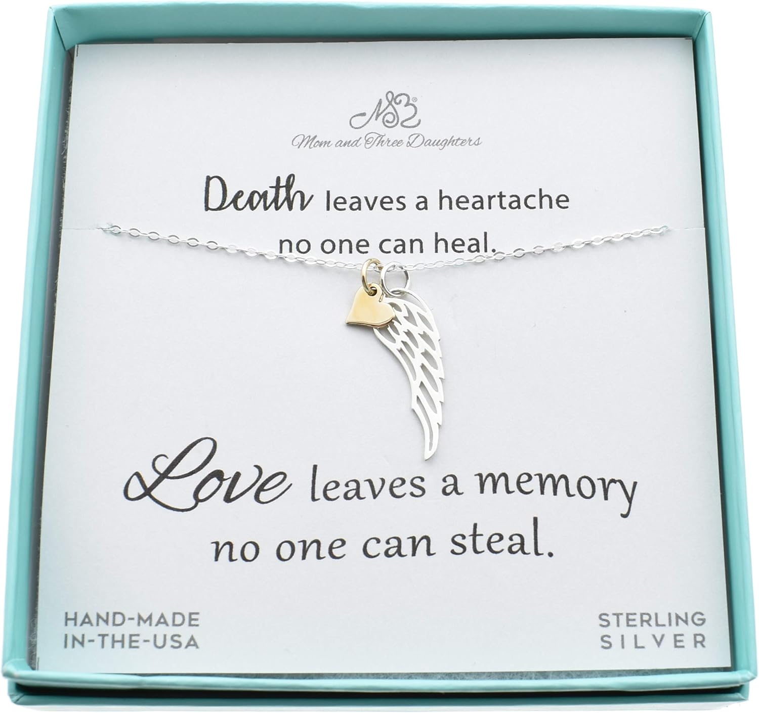MOM & THREE DAUGHTERS Angel Wing Necklace with a Tiny Bronze Heart | Bereavement Jewelry | Sterling Silver | 18" Chain | Gift for Loss