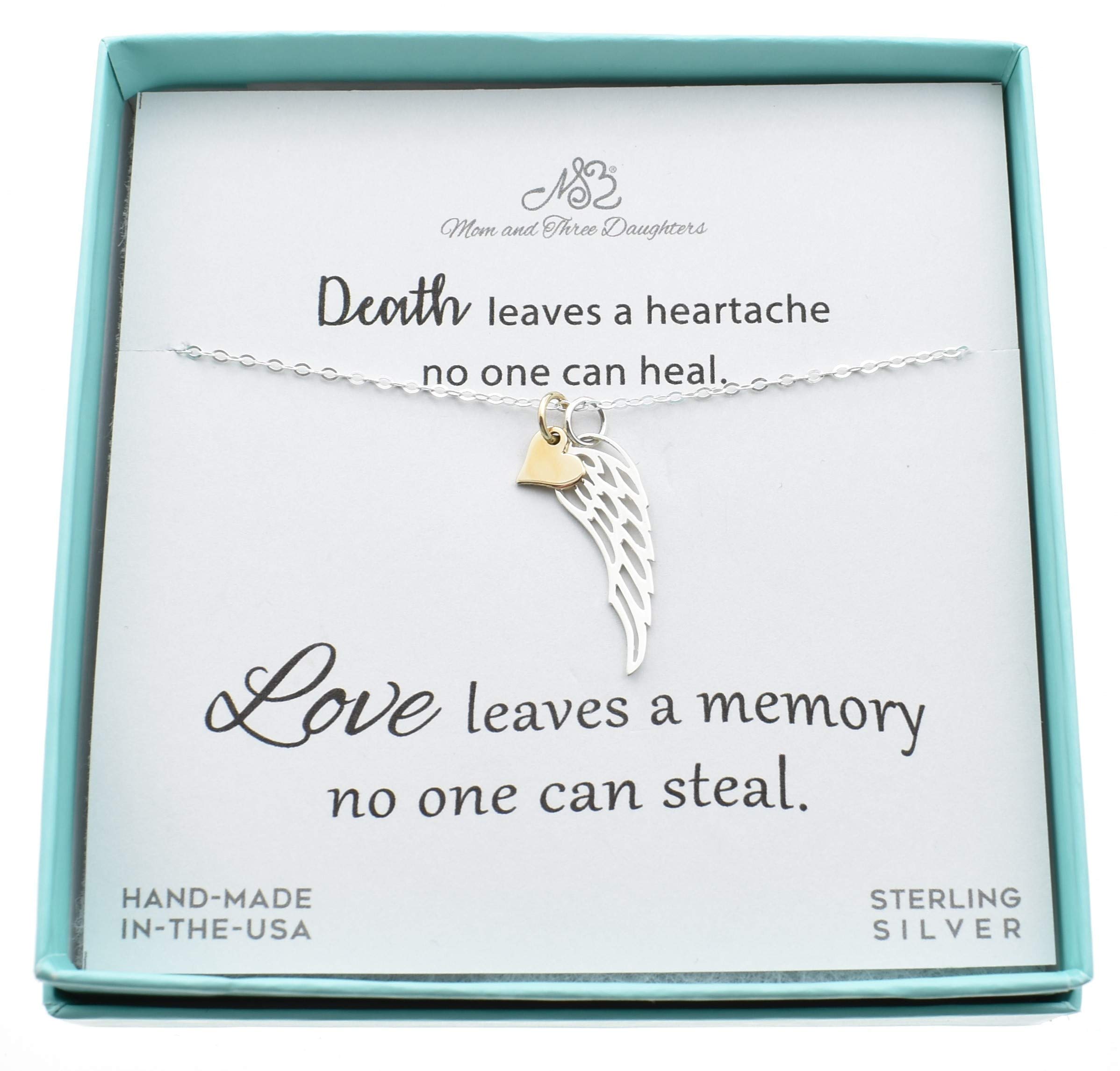 MOM & THREE DAUGHTERSAngel Wing Necklace on an 18 Inch Sterling Silver Cable Chain, Accented with a Tiny Bronze Heart. Angel Wing Necklace. Bereavement Gift. Bereavement Jewelry.