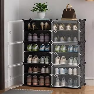 AYSIS Premium Modular Plastic Shoe Rack for Home with Door | 𝟏𝟐-𝐓𝐢𝐞𝐫 Stackable Shoe Organizer | Waterproof & Dustproof | Space Saving Storage for Home, Bedroom & Entryway【Black, 12-Shelf-6-Door】 - Amazon product rated Grade A