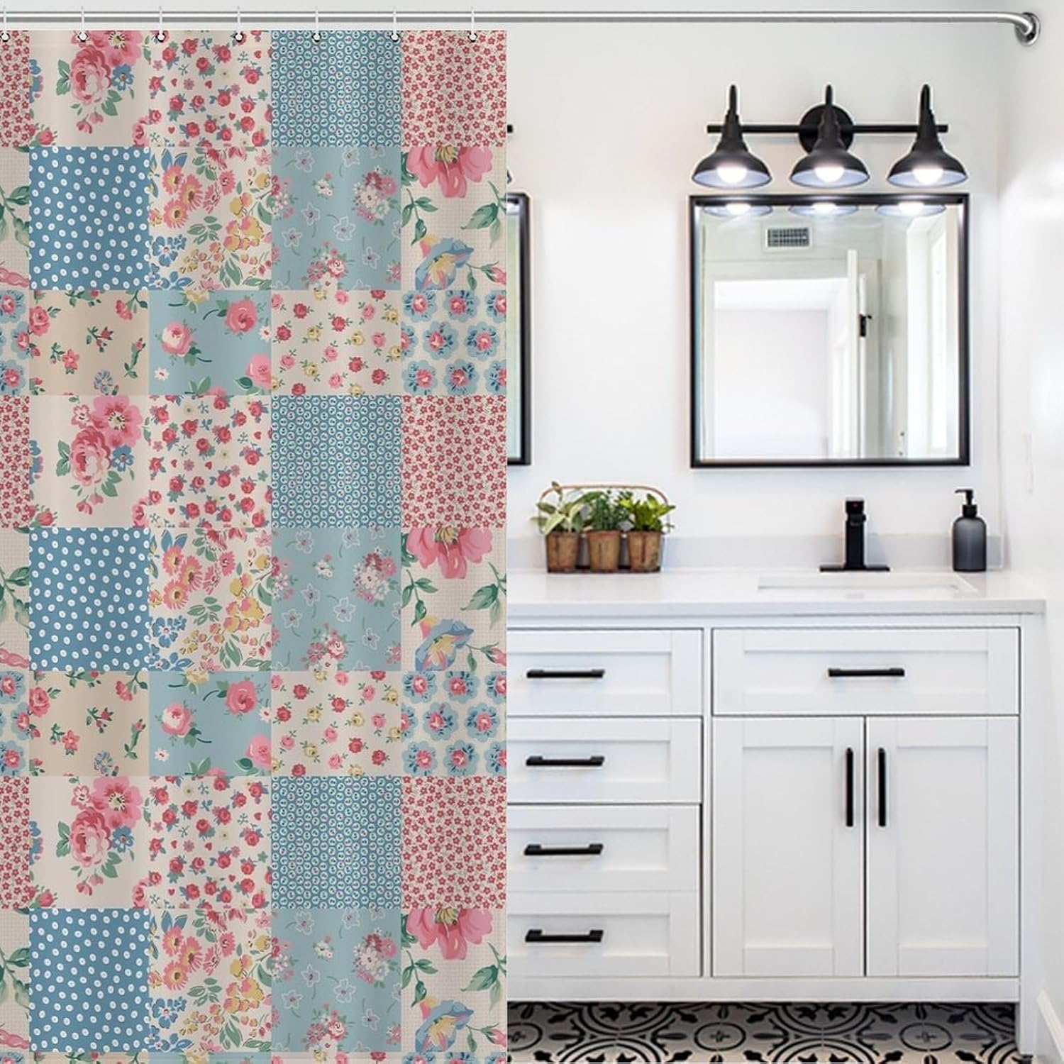 Boho Floral Shower Curtains Patchwork Flowers Bohemian Plants Shabby Retro Farm Rod Pocket Polyester Fabric Bath Curtains for Women Female Bathroom Decor,72Wx84L