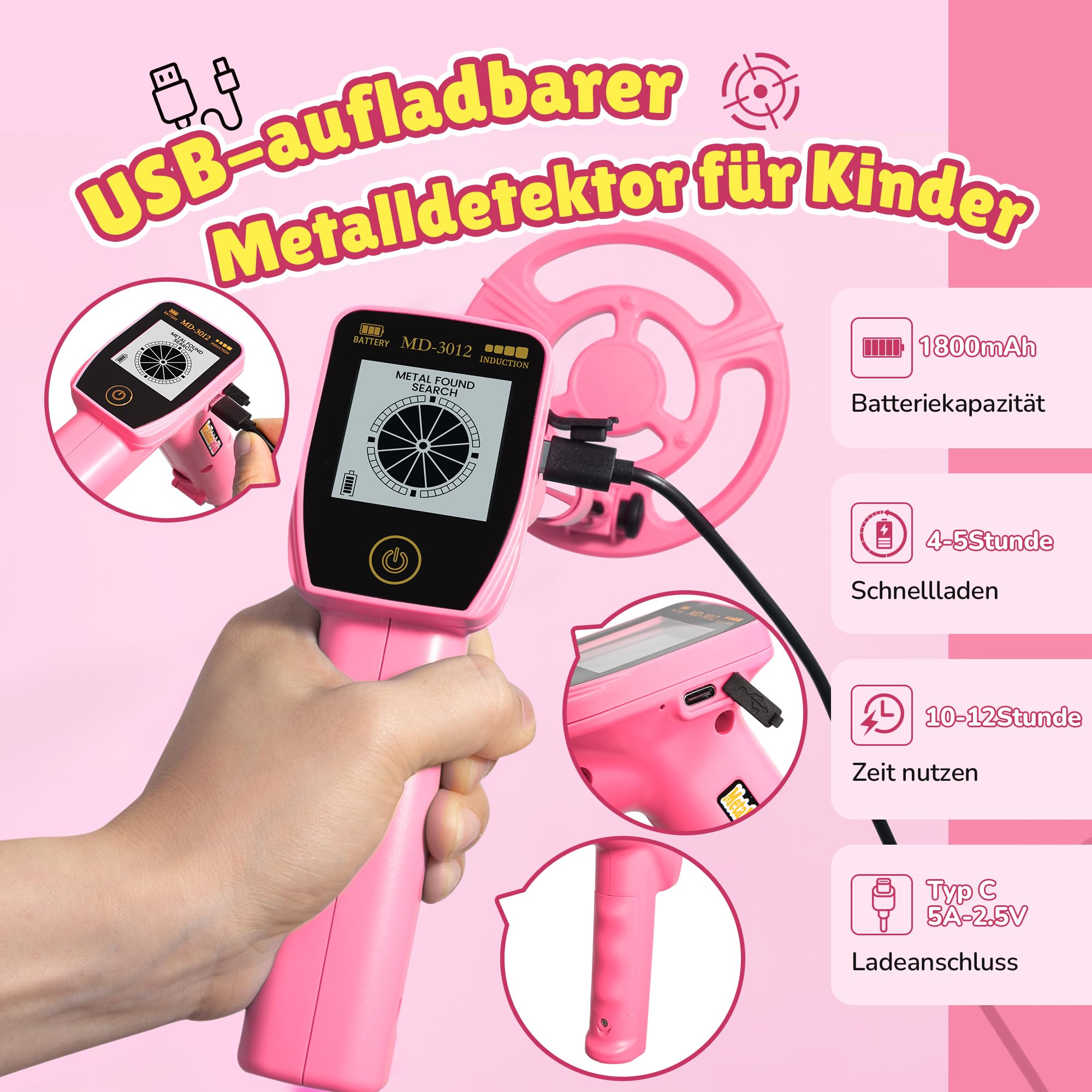 Metalldetektor Kinder, über USB Aufladbarer Kinder Metalldetektor mit Einfachem Display, 7,36" Plus-Suchspule, 24"-34" Verstellbare, Outdoor-Spielzeug für Kinder von 8 bis 12 Jahren, Rosa