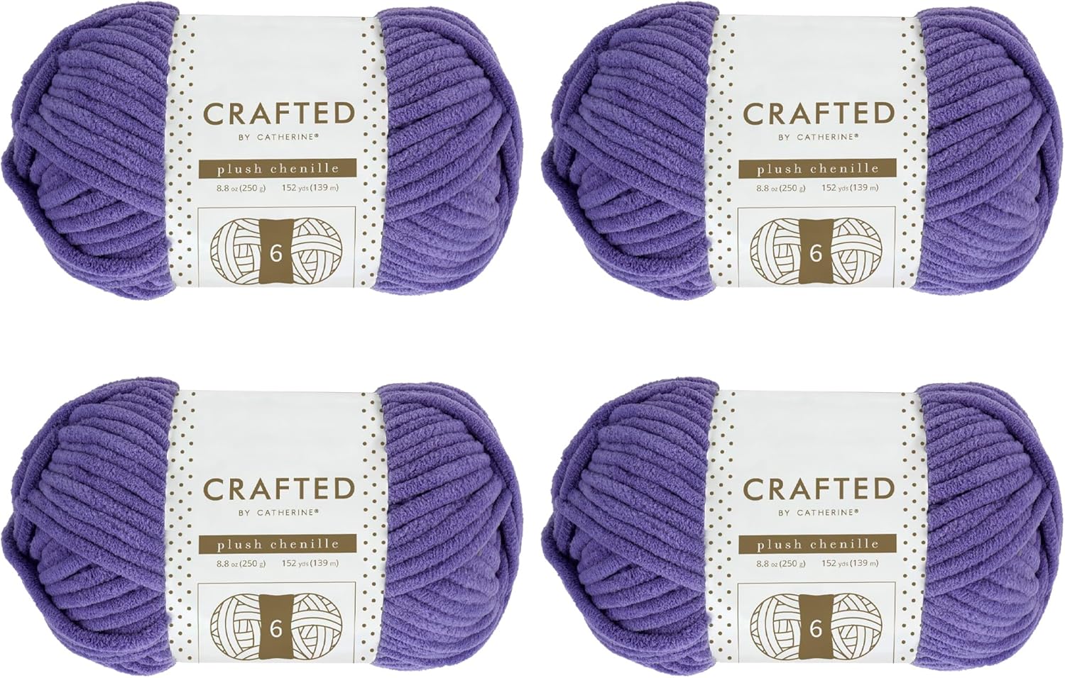 Crafted by Catherine Plush Chenille Yarn for Knitting, Crocheting and Amigurumi - 4 Pack (8.8 oz / 250g, 152 Yards Each Skein), Purple, Gauge 6 Super Bulky