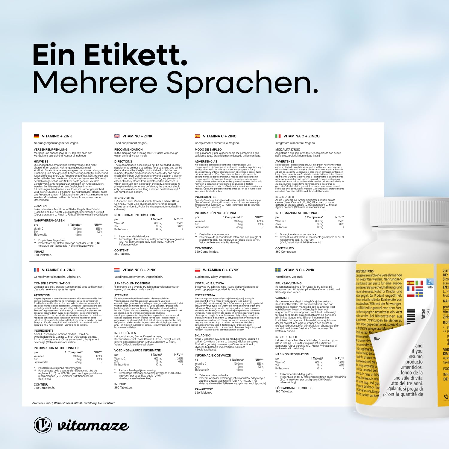 Vitamin C hochdosiert 1000 mg + Zink, 360 Tabletten für 1 Jahr, vegan & optimal bioverfügbar, Natürliche Nahrungsergänzung ohne unnötige Zusatzstoffe, Made in Germany