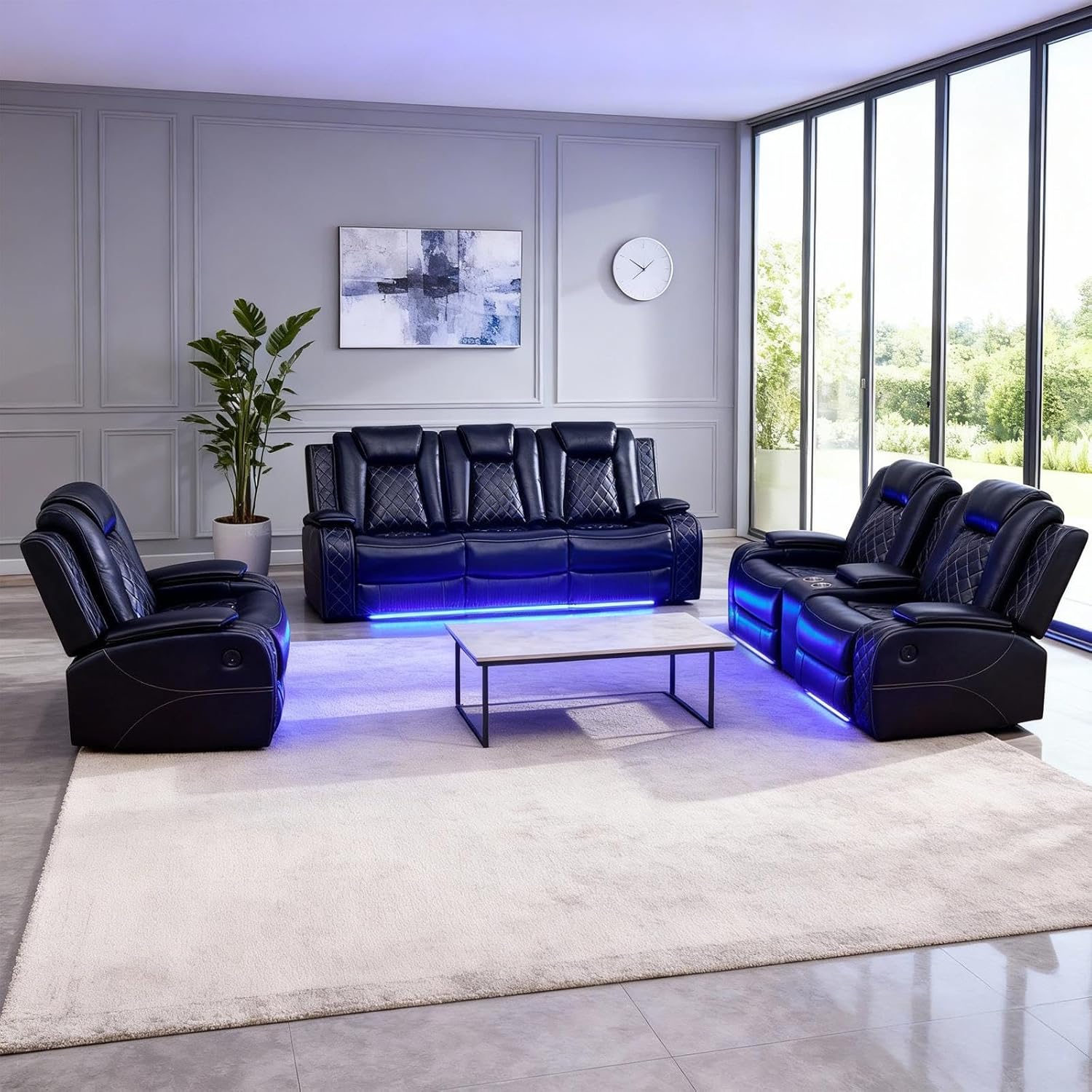 Living Room Furniture Sets, Power Recliner Sectional Sofa with LED Lights, Leather Couch Set, Reclining Sofa for Living Room, Home Theater,and Office (3PCS Set, Black) | Breathable Leather, LED Lights, Storage Console, Cup Holders, Wireless Charger, Touch Reading Light
