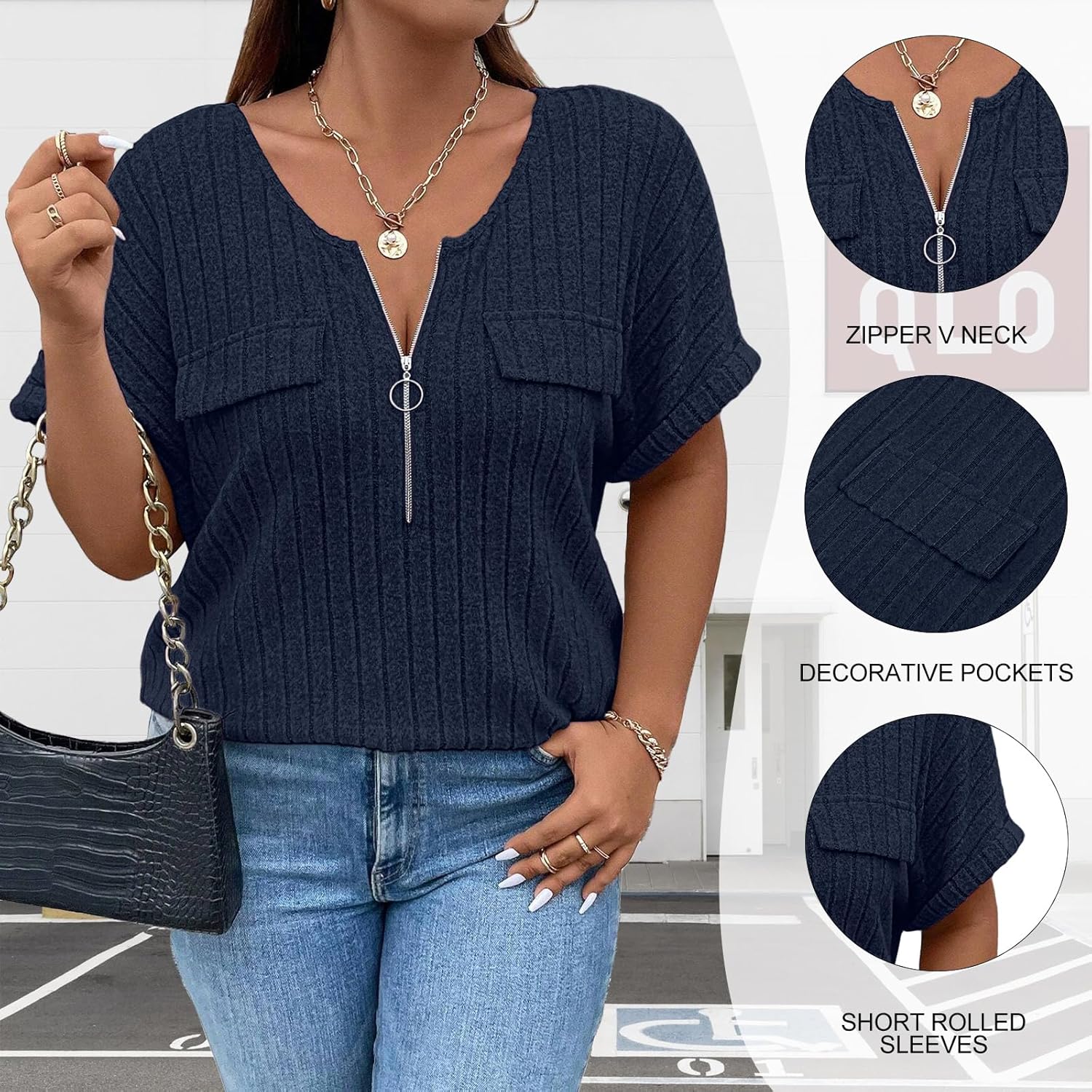 Viracy Plus Size Top for Women Short Sleeve Blouses Zip-up V Neck Top Womens Fashion 2025 Trendy Casual Work Shirt 1X-5X - Image 4