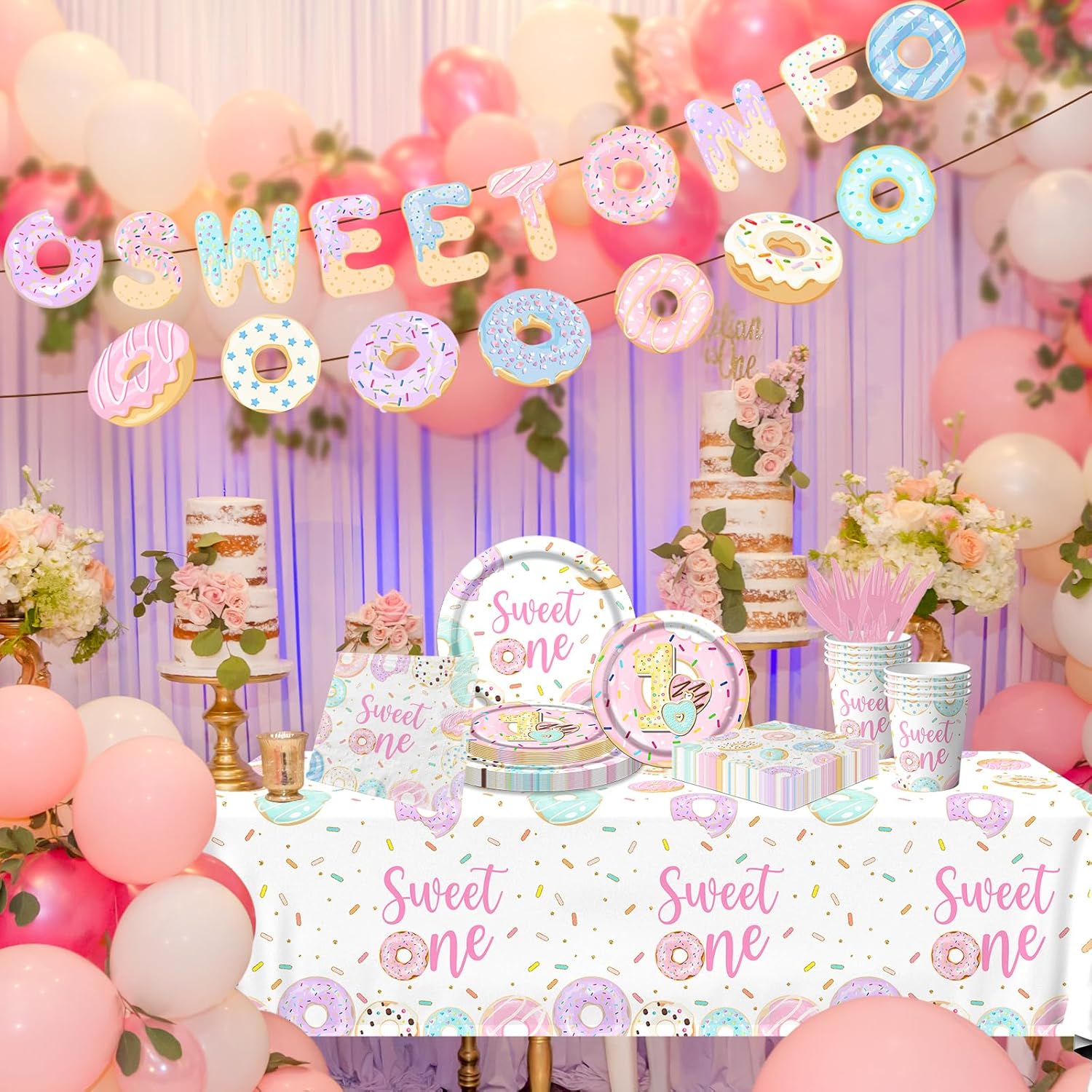 Sweet One Birthday Party Decorations Tableware set, 142Pcs Donut First Birthday Decorations includes Sweet One Banner,Sweet One Plates and Napkins 1st Donut Tablecloth for Sweet One Party Decorations