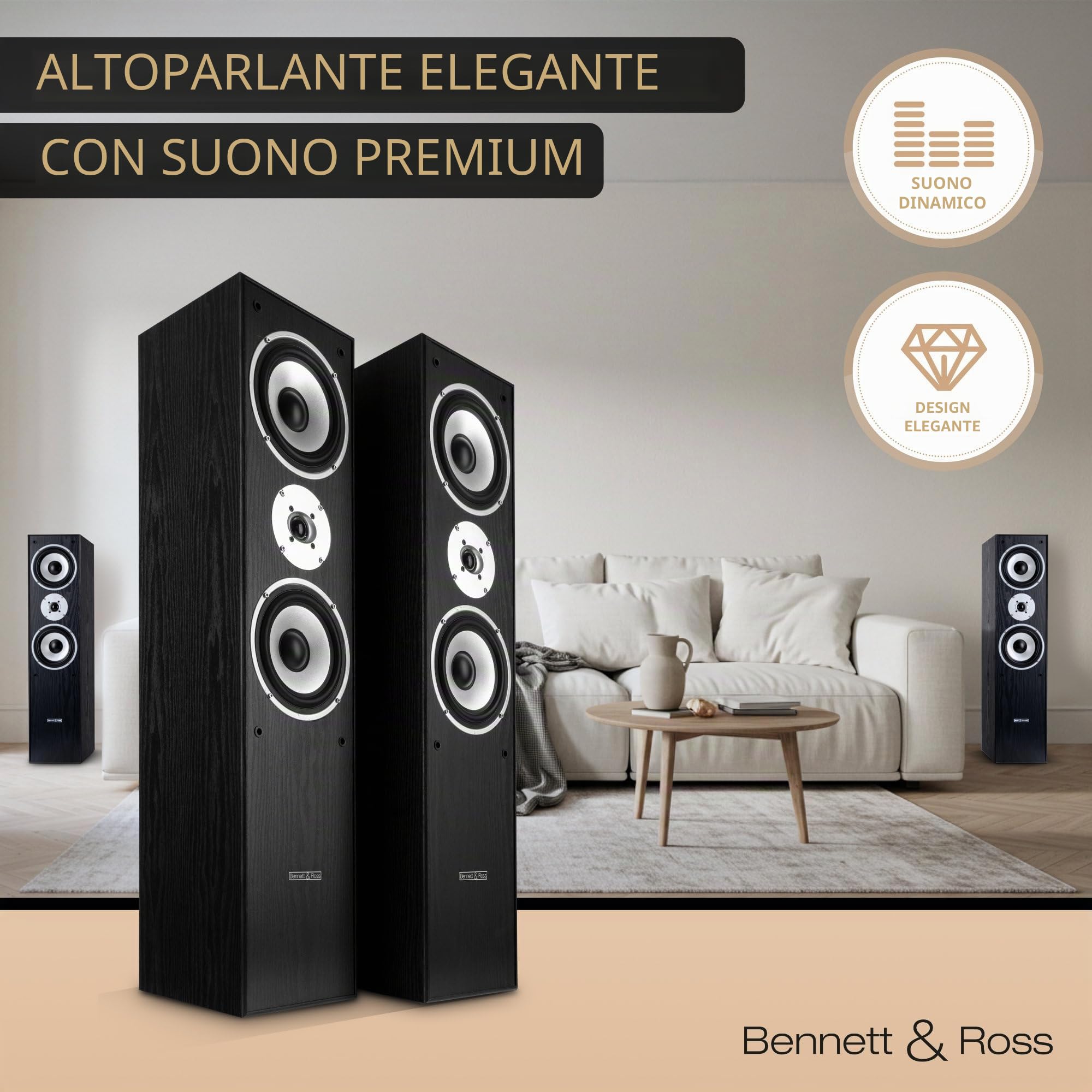 Bennett & Ross Radiant HiFi Coppia Diffusori da Pavimento Neri 2x 180W RMS | Potenza per diffusore: 180 Watt RMS (350W MAX) corrisponde a 360 Watt RMS (700W MAX) per coppia, Woofer da 6, 5" (16, 54 cm)