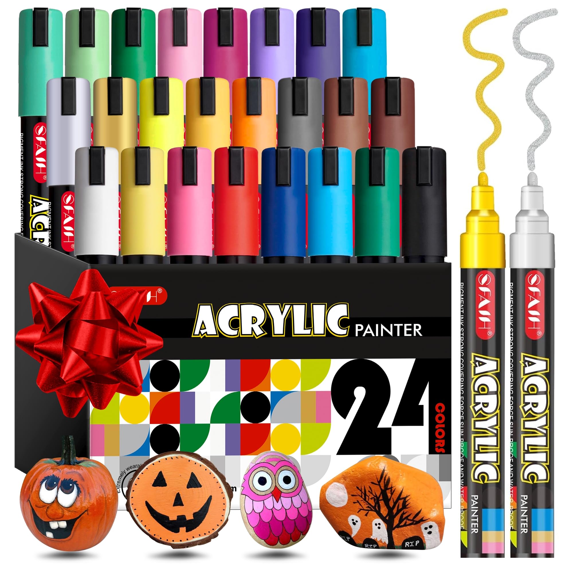 SFAIHHalloween Acrylic Creative Markers - 24 Colors 3mm Replaceable Nibs, Ultra-High Coverage, Large Ink Capacity, Drawing Markers for Pumpkin Painting, Graffiti Wood Fabric Rock Glass DIY Crafts
