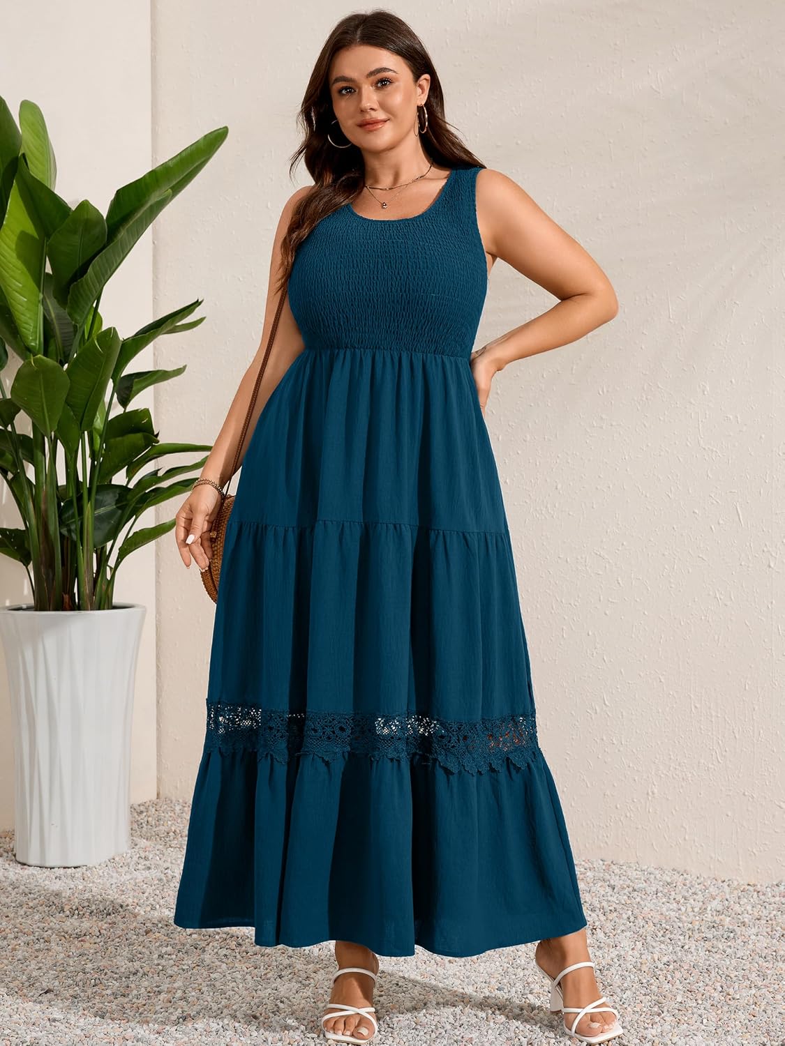 RWJ Plus Size Summer Dresses Smocked Sleeveless Sundress Beach Maxi Dress image 4