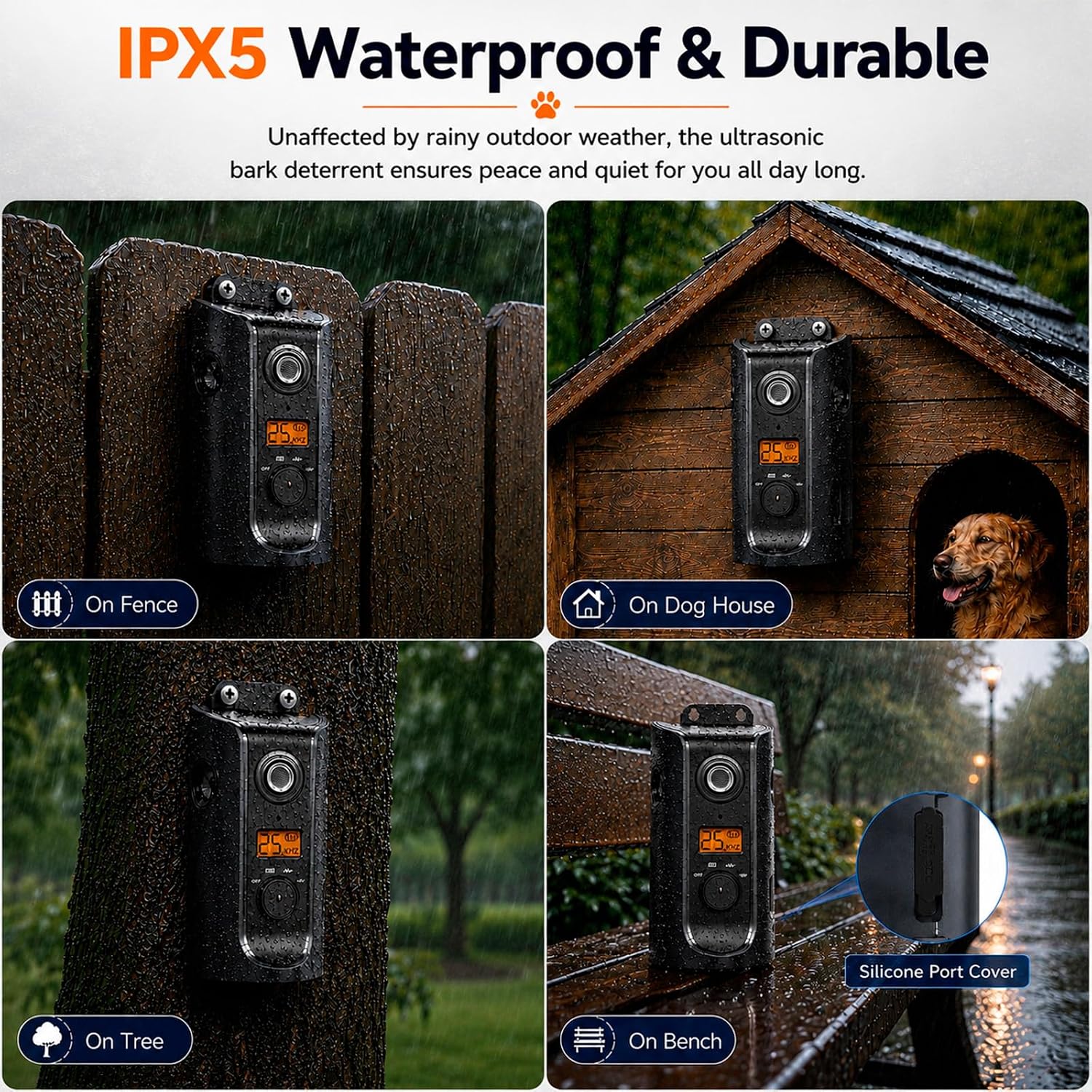 Dog Bark Deterrent Device, Ultrasonic Bark Deterrent with 3 Modes, 50 Ft Range, Automatic Bark Detection, Triple Heads, Safe Humane Anti Barking Device, LCD Display, IPX5 Waterproof