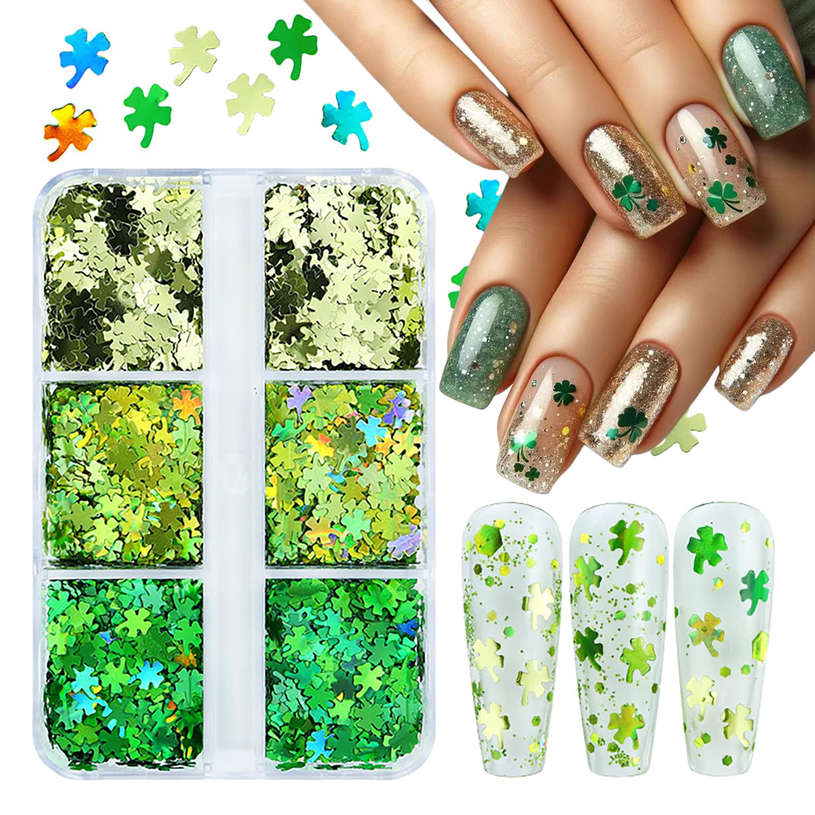 St. Patrick’s Day Nail Powder, Shamrock Nail Glitter for Women & Girls, Holographic Clover Nail Flakes Kit, Acrylic Nail Art Decorations for DIY Nail Crafts, Party & Festivals