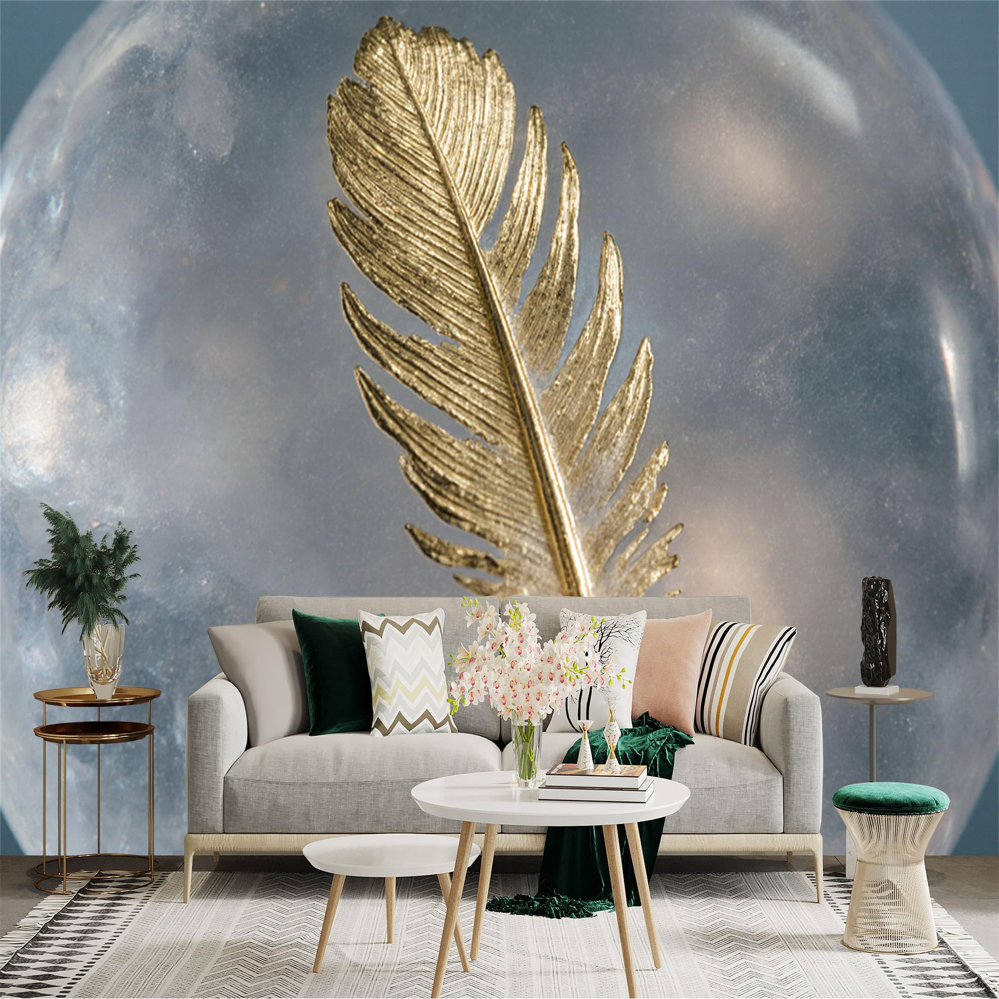 Custom Size Wall Sticker Mural， Elegant Golden Feather， Abstract Soft Texture， Modern Minimalist Art， for wall Decoration， peelandstick wall Decals.