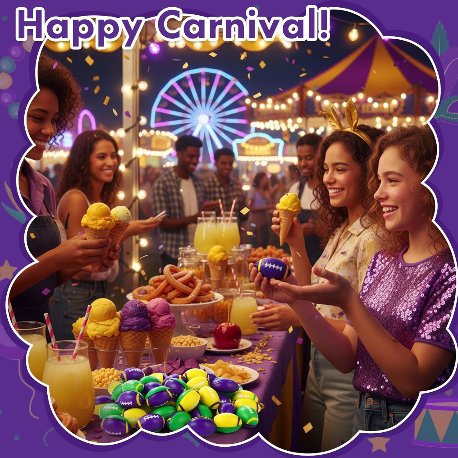 48 Pcs Mardi Gras Throws Mini Foam Football Bulk Stress Balls 2in Relief Sports Balls for Carnival Reward Party Game Favors Decorations Sports Event Gift Suitable for 15+ People
