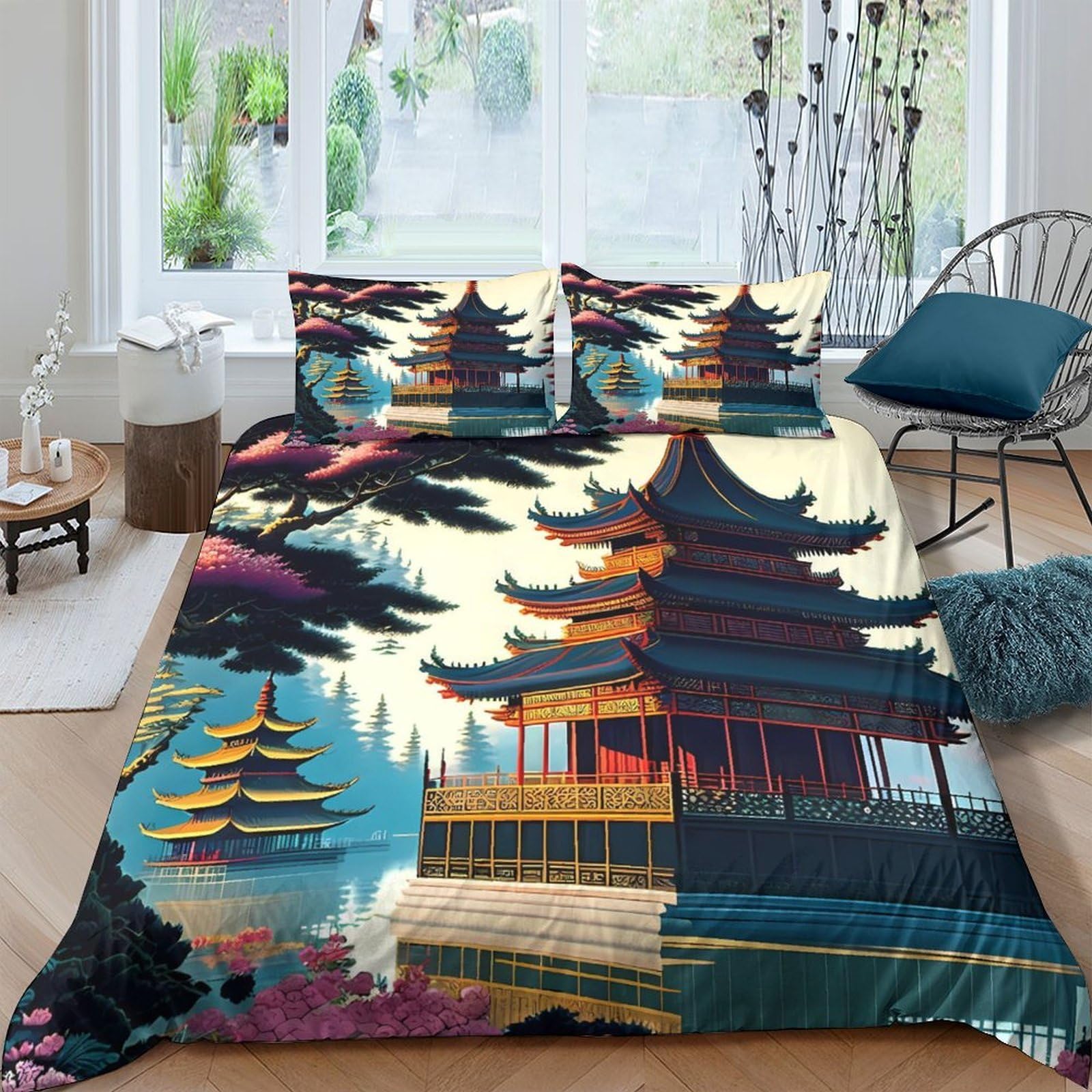 Ctjqhvkz Style-8 3D Printed Japanese Pagoda Fitted Sheet Microfiber Soft Breathable Temple Landscape Bed Cover For Adult Teen Bedroom Decor Single（135X200cm）