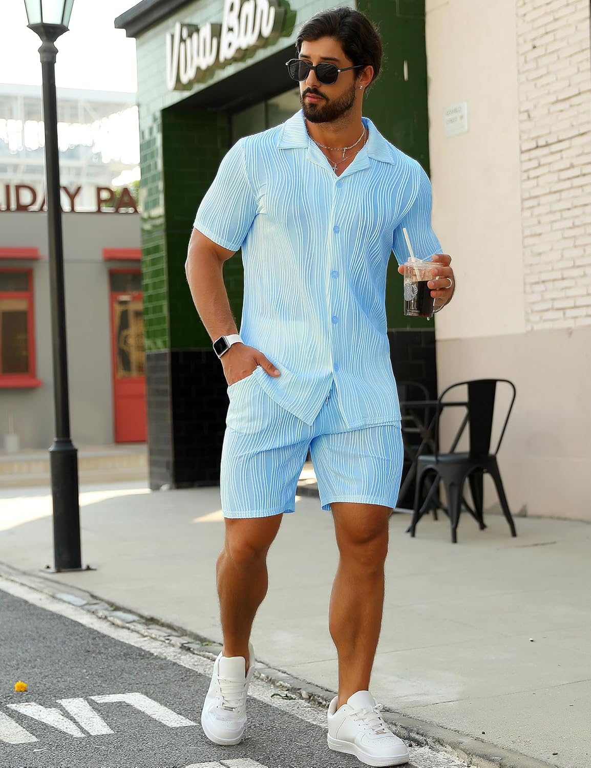 URRU Men's 2 Piece Outfits Short Sleeve Casual Button Down Shirt and Shorts Set - Image 3