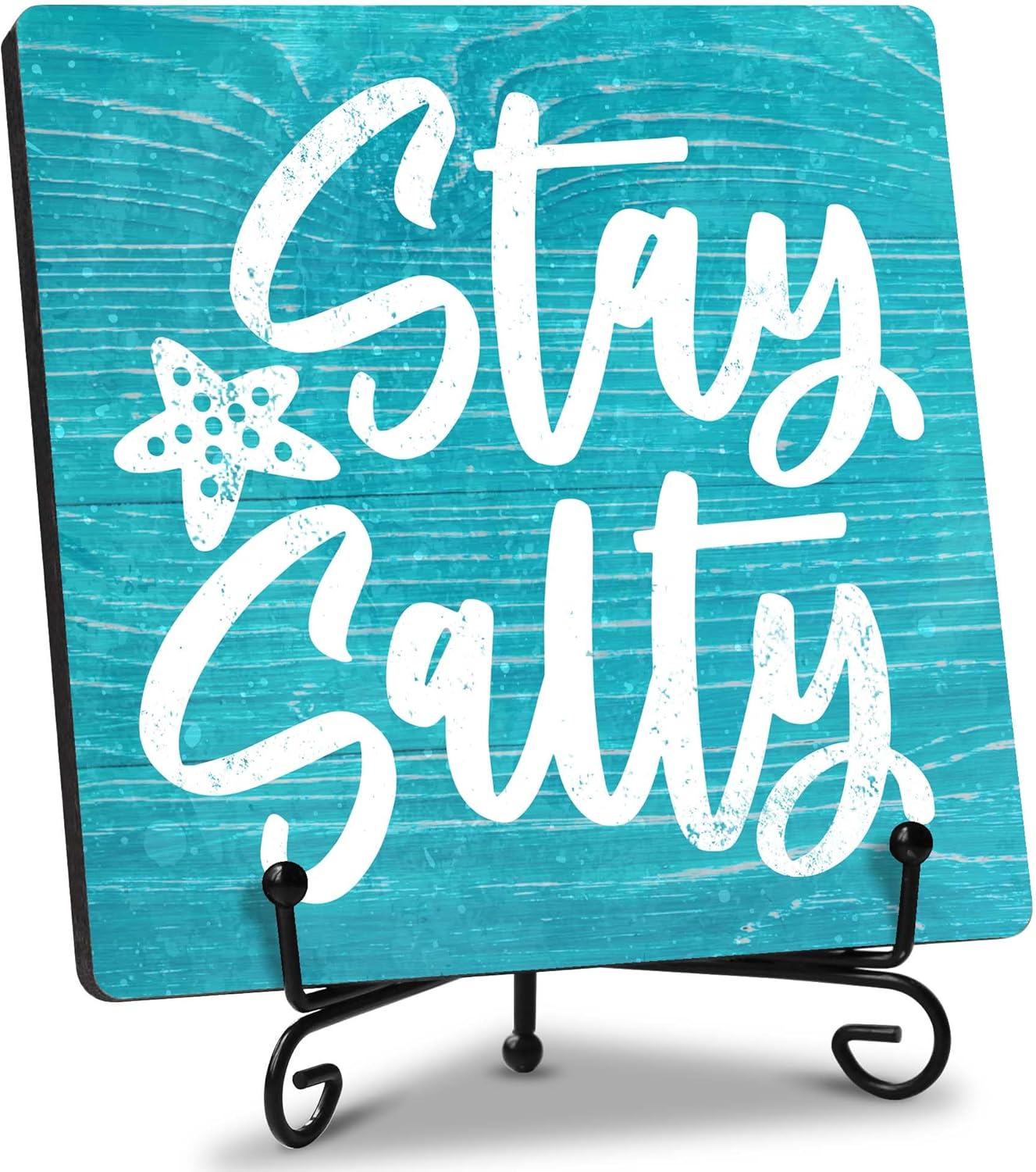 Stay Salty Wooden Sign with Iron Stand - Nautical Coastal Decor for Beach House, Lake Cabin & Boat - Funny Ocean Quote Tabletop Plaque - Rustic Marine Themed Home Accessory. (064)