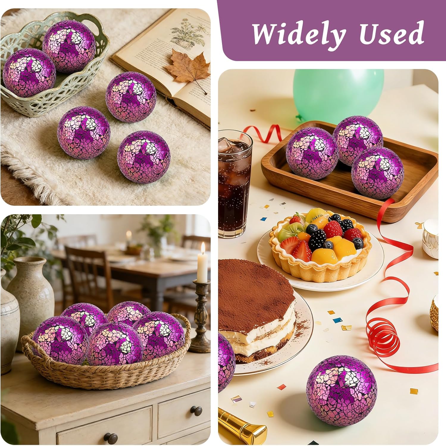 Round Glass Mosaic Balls 3Pcs 3.34 Inch Crackl Orbs Coffee Table Centerpiece Vases Wedding Christmas Party Decorative(Gradient Purple)