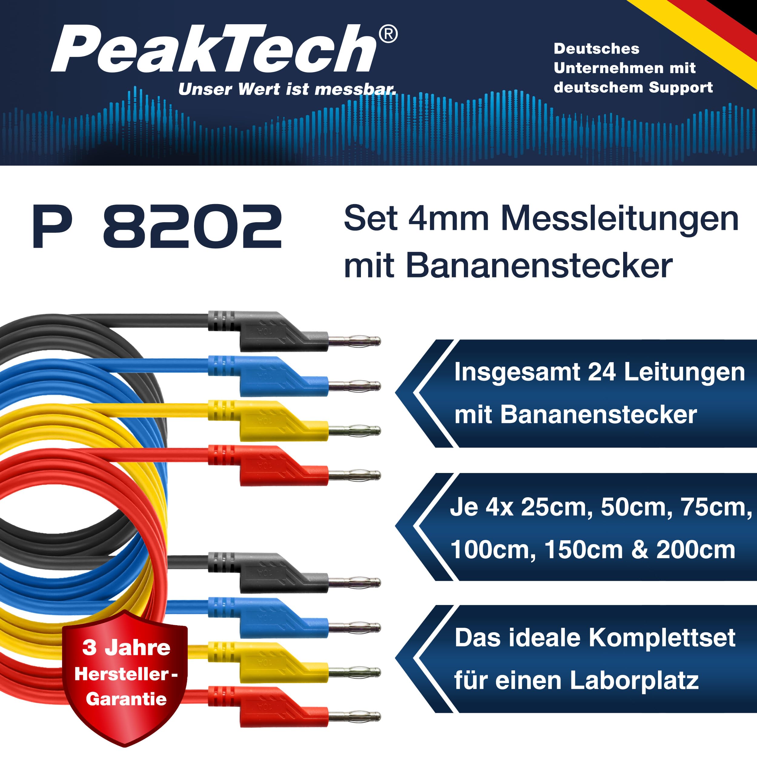 PeakTech P 8202, 24 Stück Messleitungen Set, 25cm - 200cm, Multimeter Test Kabel, Laborleitungen, Messkabel mit 4mm Bananenstecker, stapelbar, in 4 Farben je 25cm, 50cm, 75cm, 100cm, 150cm & 200cm