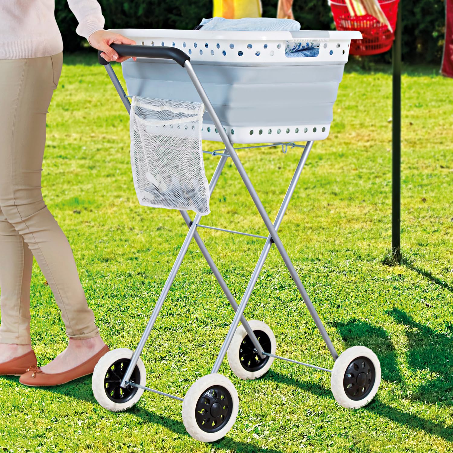 Cesta para la colada con ruedas – Fácil de transportar y colgar la ropa – Ahorra espacio y protege la espalda – Cesta para la colada con dimensiones de 66 x 44 cm aprox