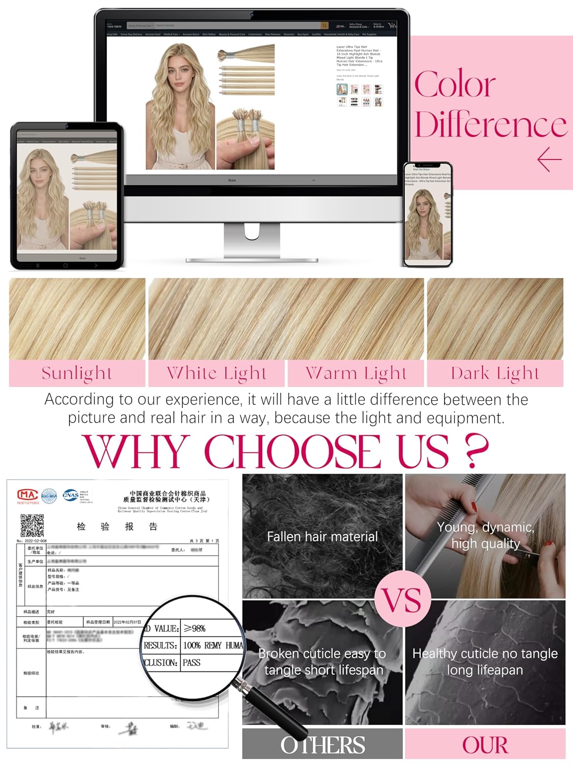 Lacer Ultra Tip Hair Extensions Human Hair - 20 Inch 40G 50S Invisible Ash Blonde Highlighted Light Blonde Ultra Tip Hair Extensions, Cold Fusion I Tips Hair Extension for Women
