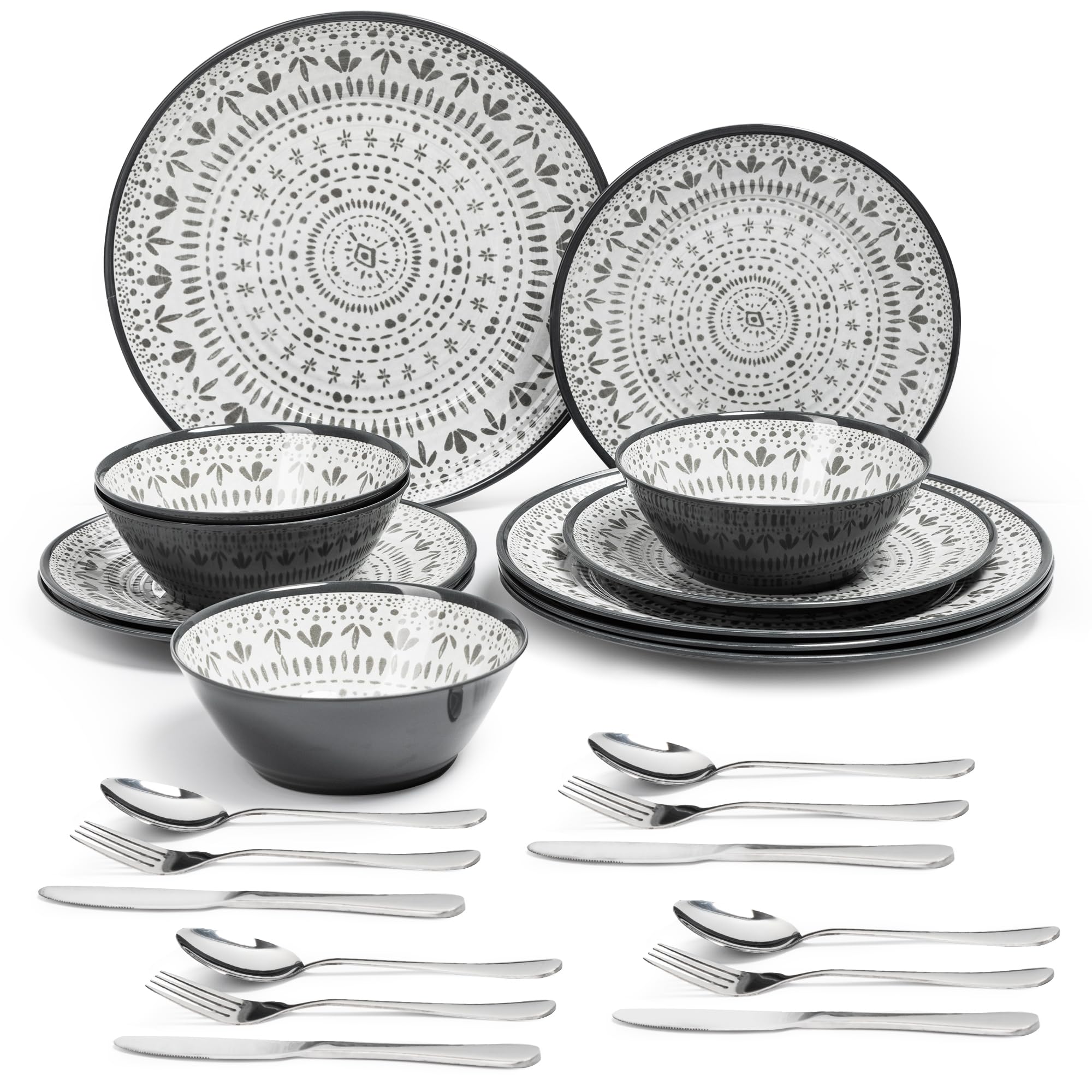 24PCS Melamin Geschirrset Campinggeschirr für 4 Personen, Teller Set & Tafelservice mit Besteck - für Unterwegs & Outdoor