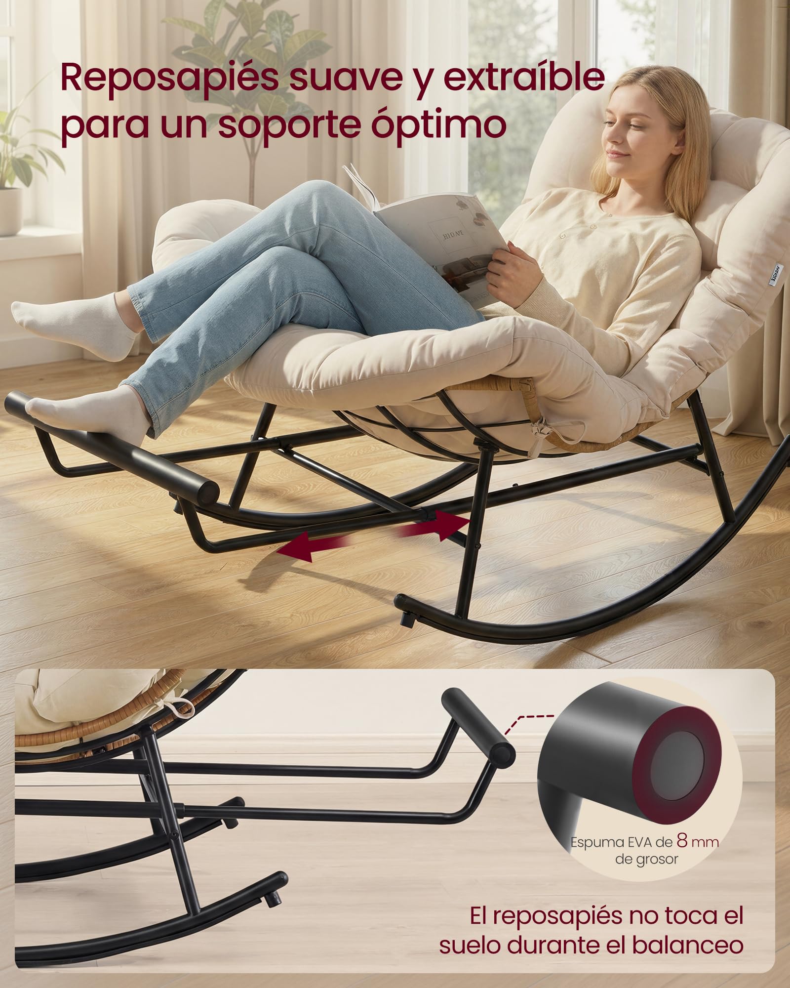VASAGLE Silla Mecedora, Mecedora con Marco de Acero, Reposapiés Extraíble, Cojín Extraíble, Carga de 136 kg, Dormitorio, Sala de Estar, Terraza, Jardín, Beige LYY062WZ01