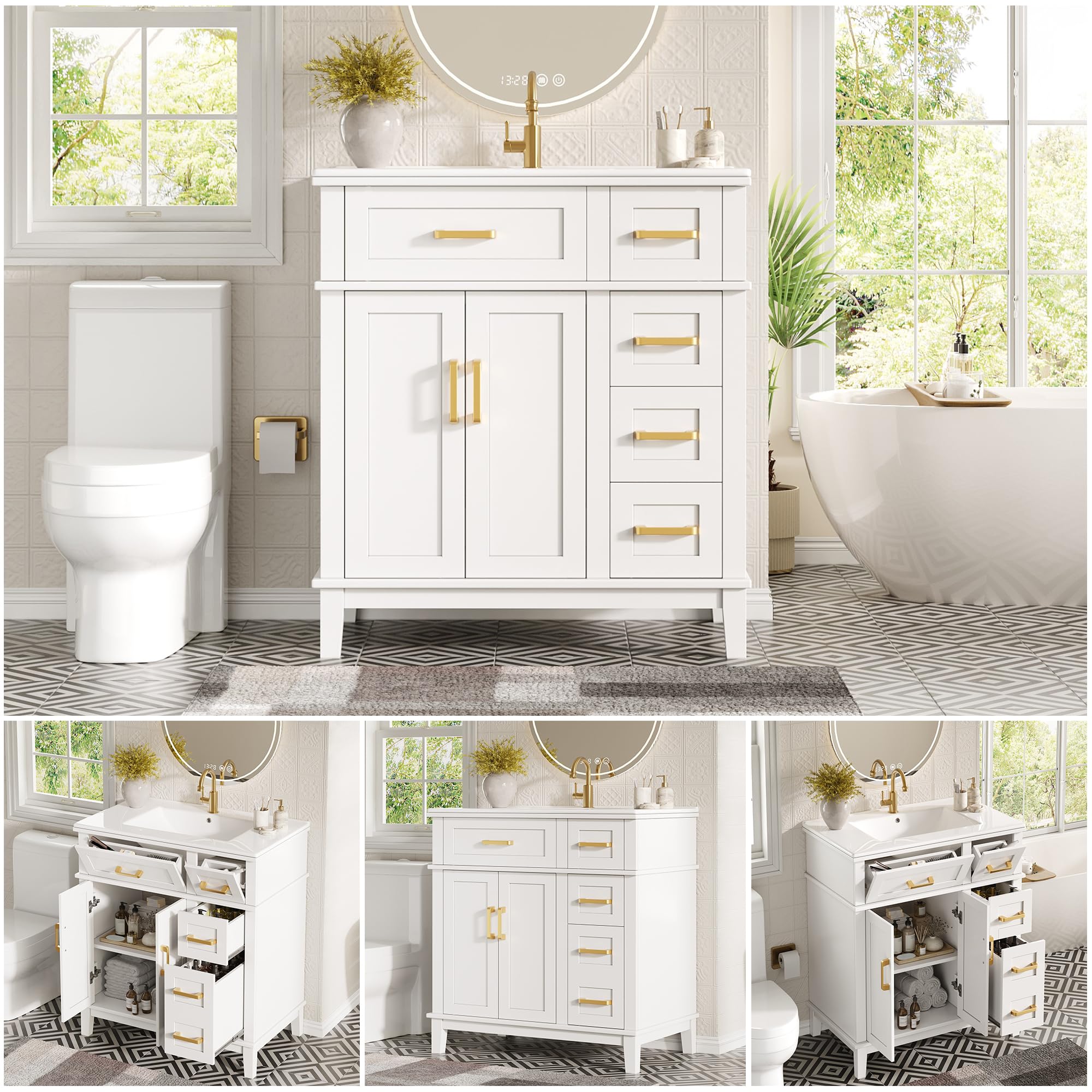 Mueble de baño con lavabo de cerámica moderno con gran capacidad de almacenamiento, cajones de cierre suave, protección contra desbordamiento, color blanco