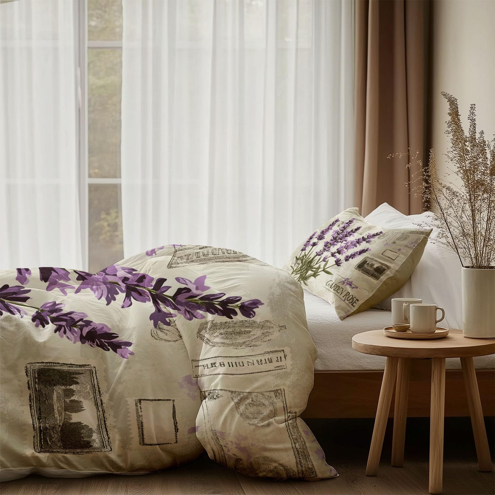 Dwustronna poszwa na kołdrę z mikrofibry 240 x 260 cm - Retro Lavender Pad Super miękka poszwa na kołdrę z zamkiem błyskawicznym, można prać w pralce - beżowa 2 poszewki na poduszki