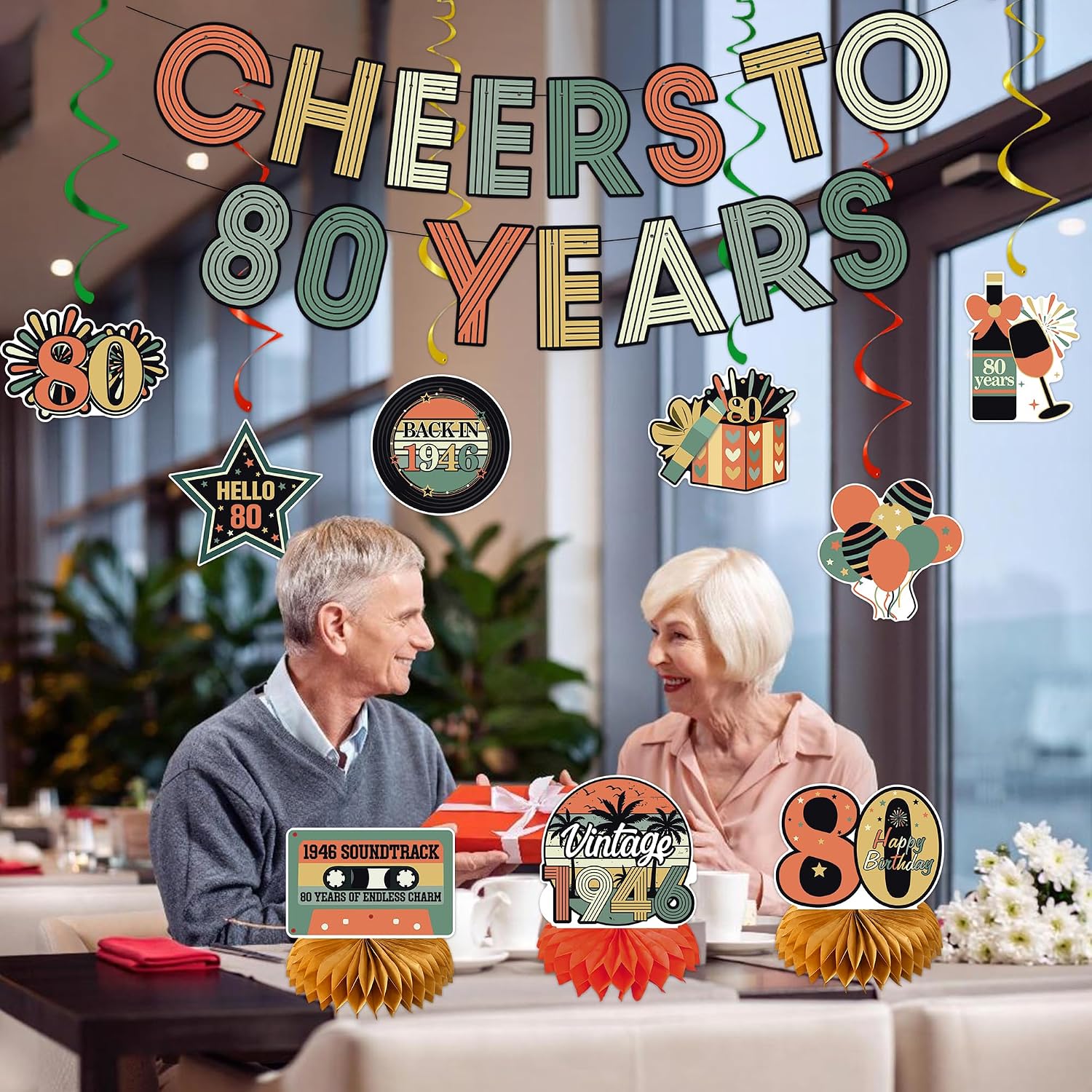 Roetyce 80th Birthday Decorations Women Men, Cheers To 80 Years Banner Centerpieces Hanging Swirls, 80th Birthday Party Supplies for Dad Mom, Vintage 1946 80 Years Old Party Photo Backdrop Background