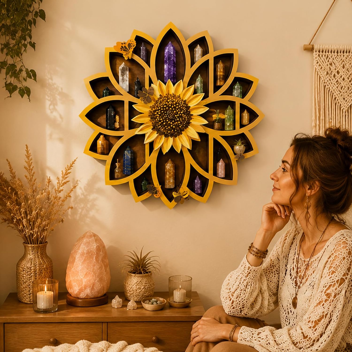 Sunflower Wooden Trinket Shelf Crystal Display Shelf Boho Shelves For Crystal Stone Jewelry Mini Plant Bedroom Wall Decor Gift