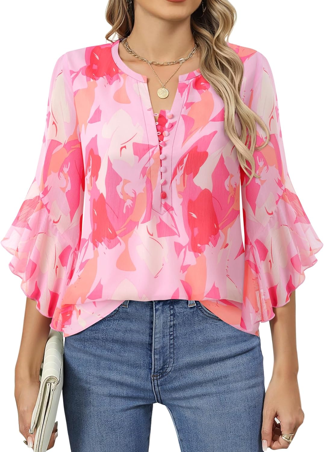 Timeson 3/4 Length Sleeve Womens Tops Dressy Casual Button Down V Neck Business Work Blouses - Image 4