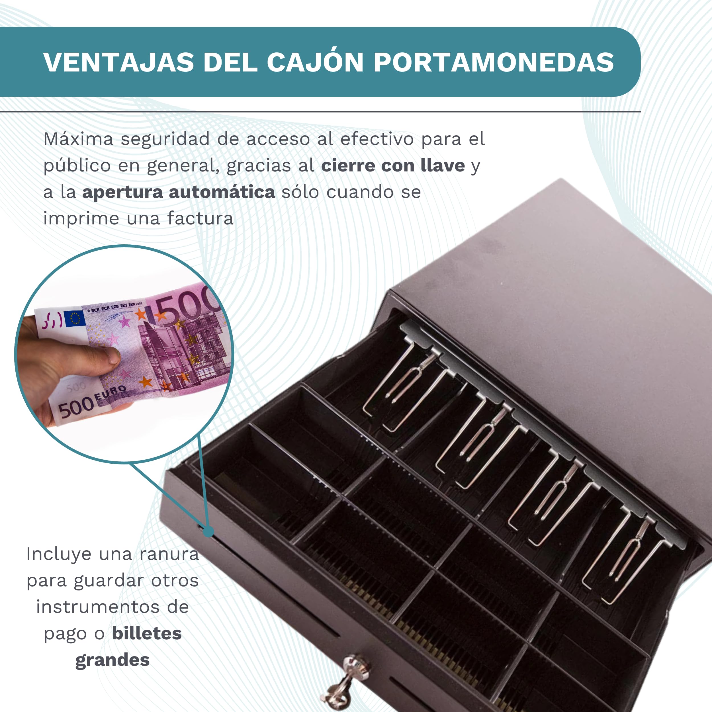 Cajón Portamonedas Caja Registradora - Apertura Automática RJ11 o Manual con Llaves - Organizador de Dinero 4 Compartimentos para Billetes 8 para Monedas - 41x42x11cm - Estructura Metálica - Negro