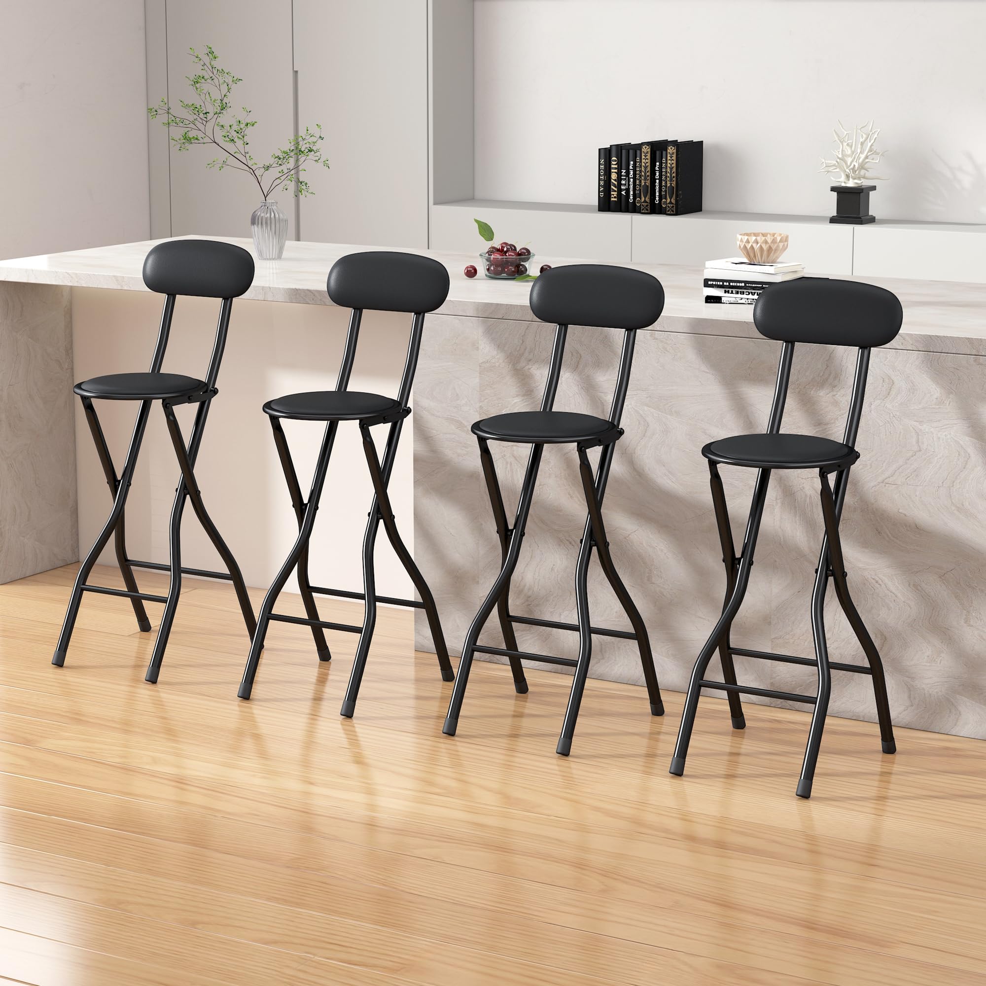 mcc direct Klappbare Barhocker, 4er-Set, für Frühstückstheke, Küche und Restaurant, klappbare Stühle aus Kunstleder mit Metallgestell, gepolsterte hohe Stühle (Schwarz)