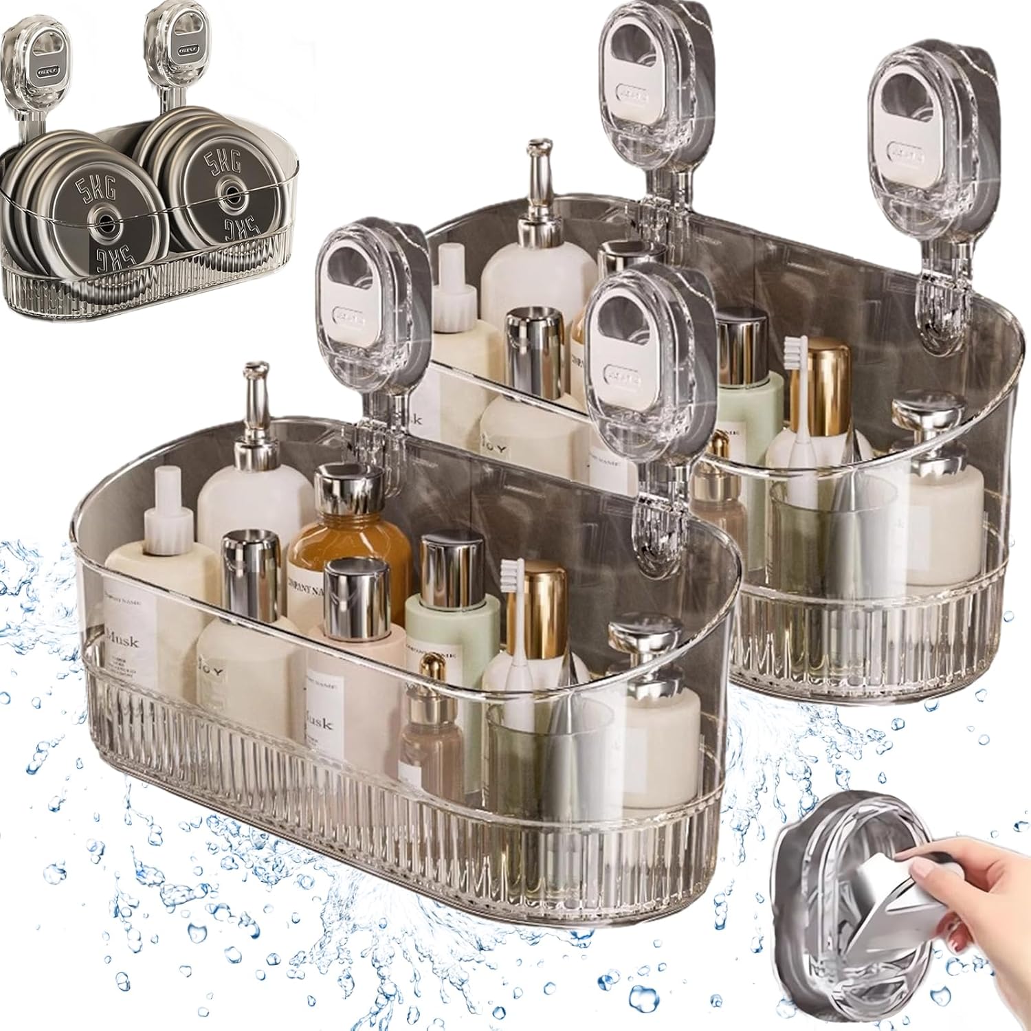 Shower Shelf, Corrugated Suction Cup Storage Holder, No-Drill Bathroom Suction Storage Box Large Capacity & Strong Load-Bearing, Light Luxury Style Glacier Pattern (C-Transparent *2Pcs)