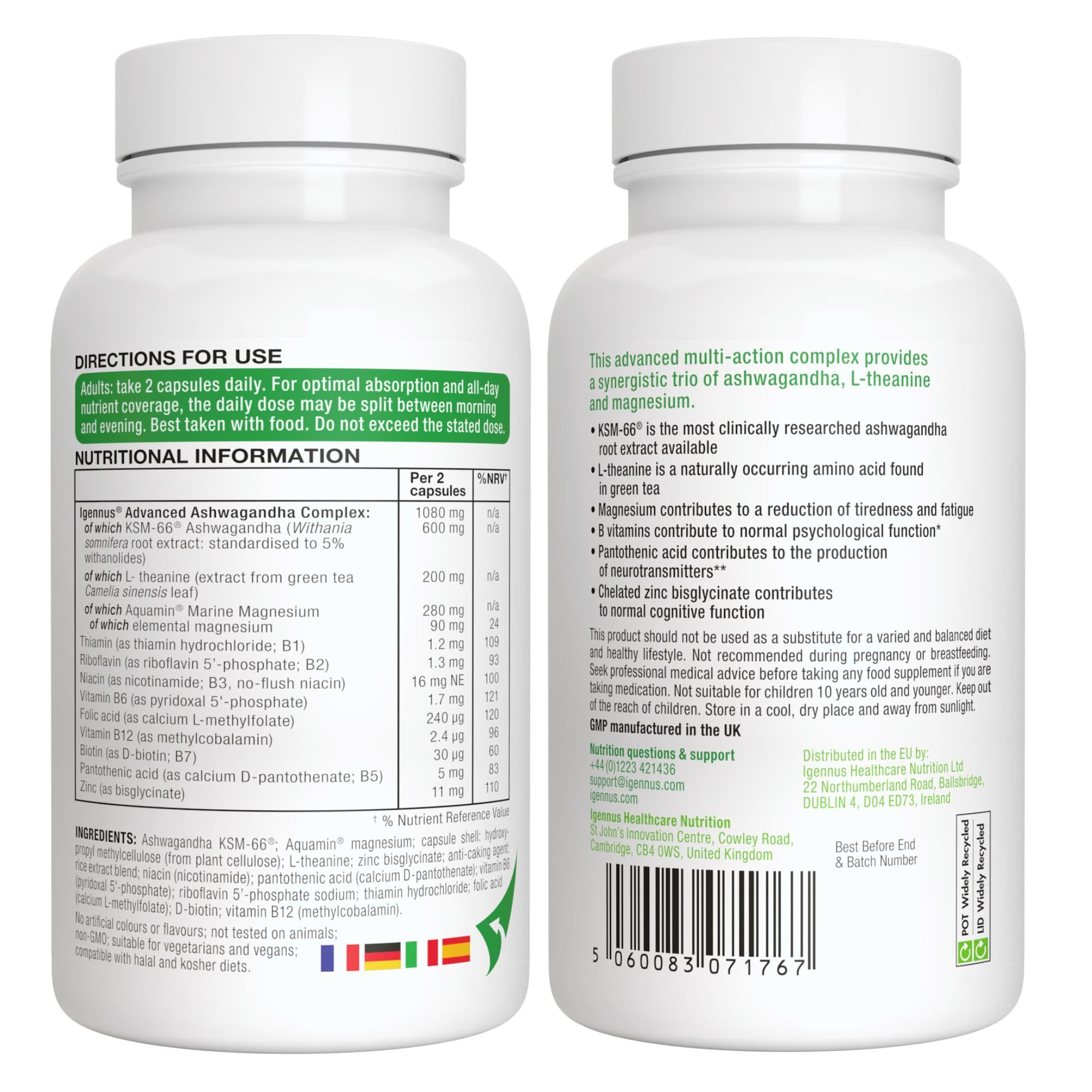 Igennus hochdosierter Ashwagandha Anti-Stress Komplex, KSM-66 Wurzelextrakt & L-Theanin & Magnesium, methylierte B-Vitamine, Adaptogen-Komplex für Entspannung & Schlaf, Clean Label, 60 vegane Kapseln