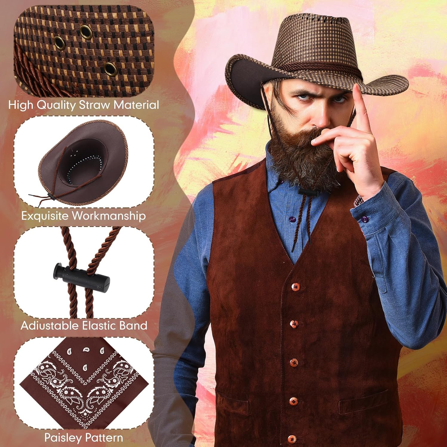 Zhanmai 12 Pcs Cowboy Hat & Bandana Set Western Costume Accessories for Cowboy Party Bulk Favors for Theme Party