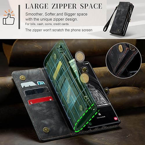 Miniatura 5 de Kowauri Funda tipo cartera para Samsung Galaxy S23 Ultra, cartera de cuero con cremallera y tarjetero para la muñeca, desmontable, magnética, a