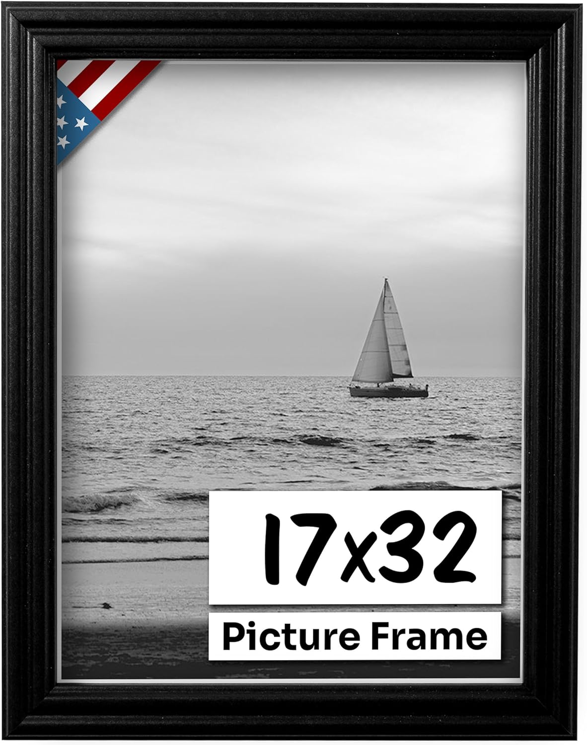Black 17x32 Picture Frame .75" Inch Wide - Black Wall Decor Handmade Solid Wood Frames with Preinstalled Hangers and UV Blocking Plexiglass 32x17 Frame