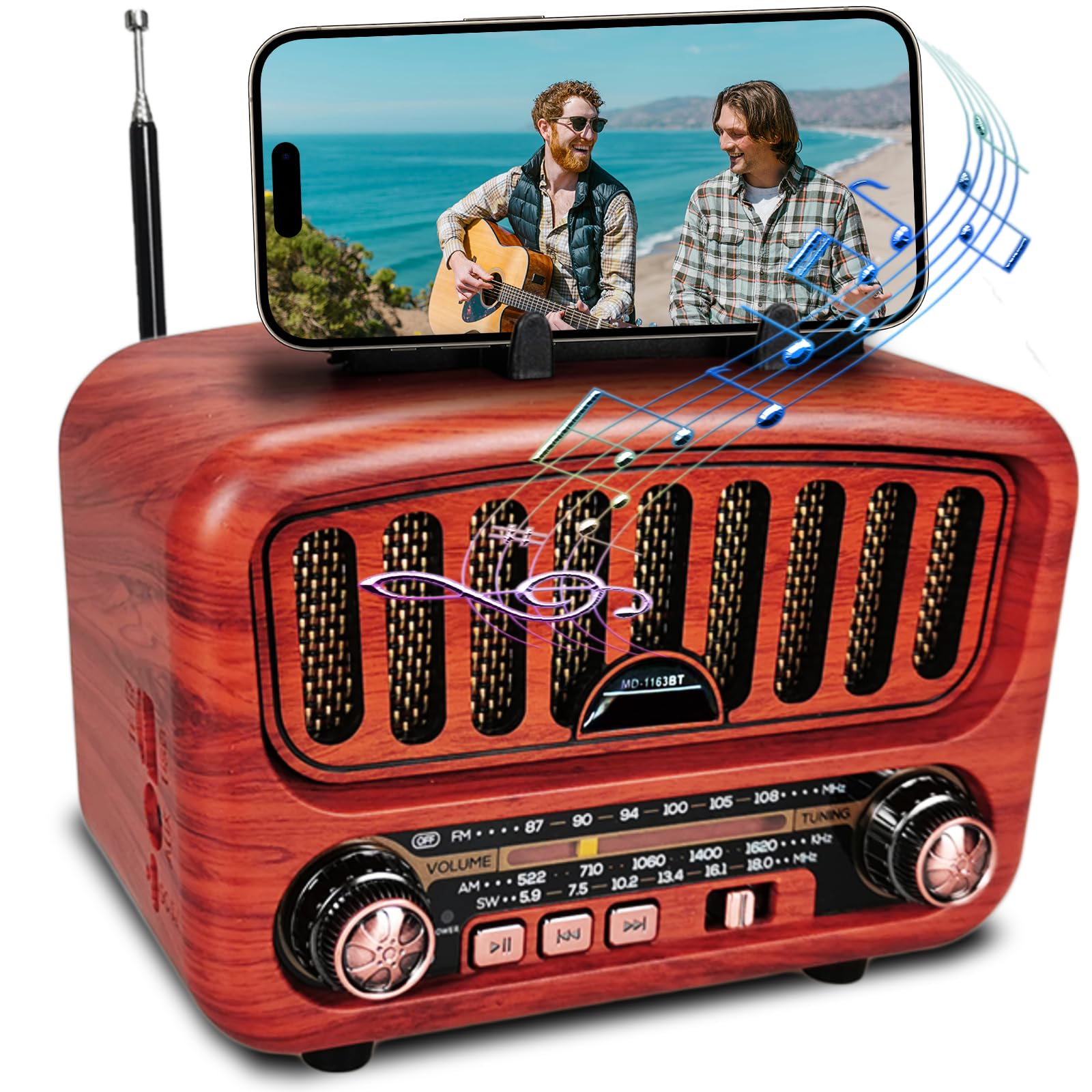 Retro Radio mit Bluetooth, AM/FM/SW Tragbares Radio Klein 5W großer Lautsprecher und Bluetooth 5.0, UKW Lautsprecher Batteriebetrieben unterstützt USB/TF/AUX Funktion (Rot)