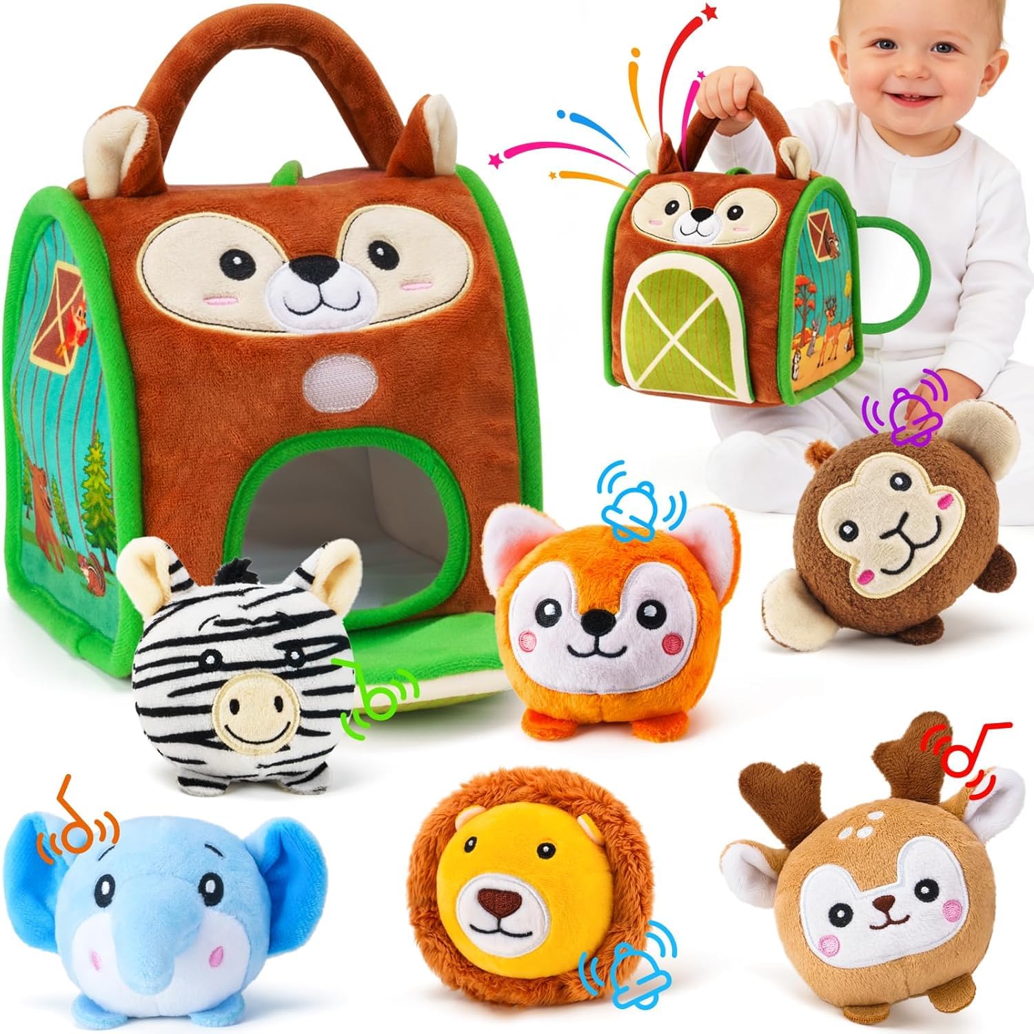 Storio Jungle Woodland House Sensory Plush Animal Toys for Babies, Soft Stuffed with Rattles, Crinkle, Squeak & Mirror, Montessori Learning Toy for Infants Toddlers 6-12 Months, Baby Gift Set-picture-22